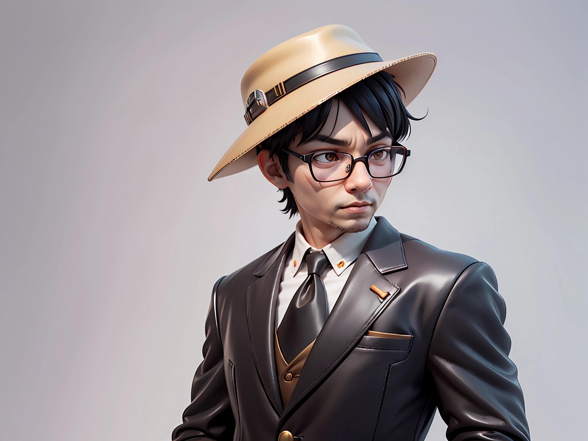 Young man with oriental face in leather hat, tiger, oriental face in formal suit, short black hair, silver glasses, digital painting, 3D character design by Mark Clairedon and Pixar and Hayao Miyazaki and Akira Toriyama, the illustration is a high-definition illustration in 4K resolution with very detailed facial features and cartoon-style visuals.