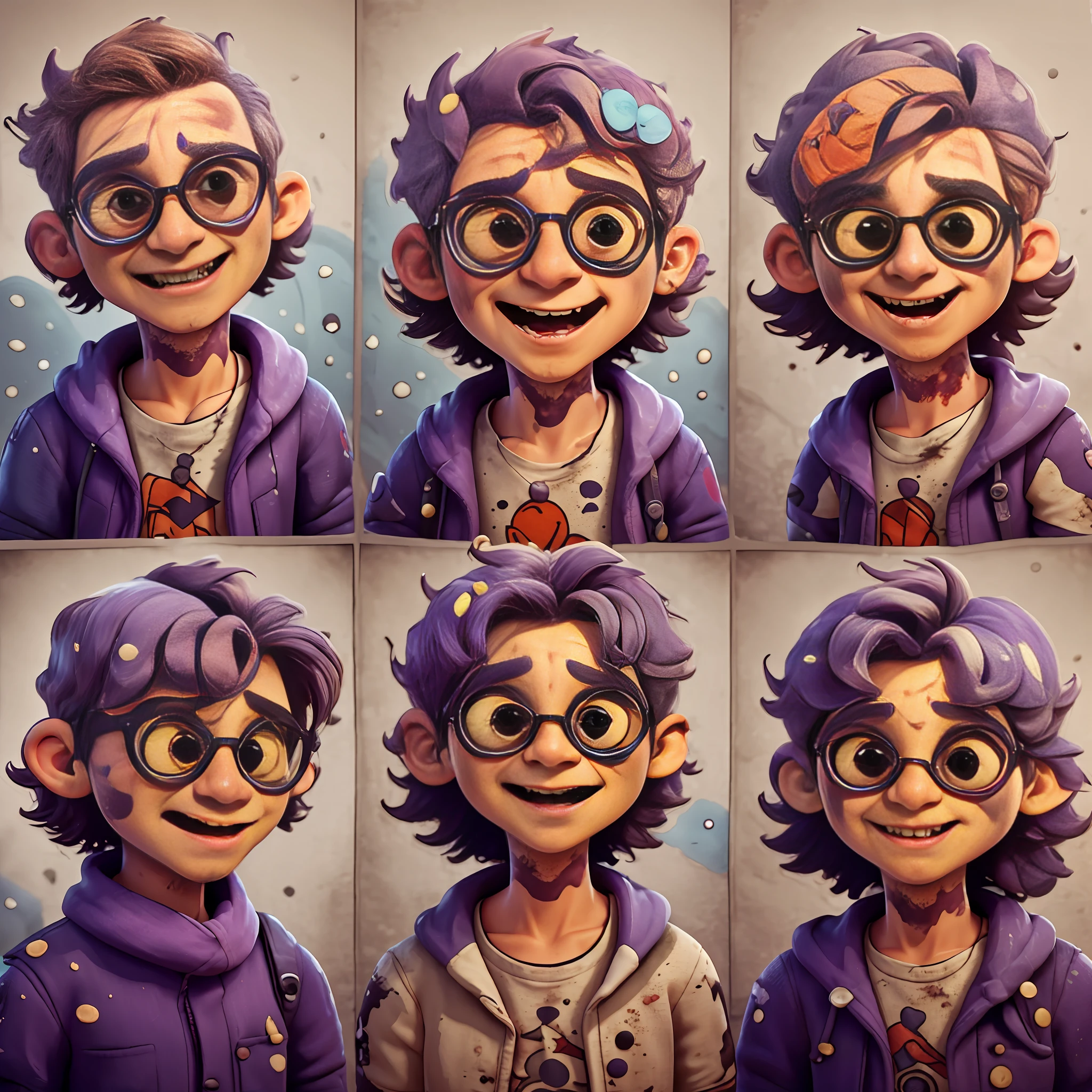 Dynamic series of cartoon drawings, A tall skinny young zombie, masculine, fragile, curly hair, disheveled hair, Hematite hair, (Hematite suit with purple accents, Tight-fitting suit, Torn shirt, torn pants., Dirty clothes., terror, frightful, (trousers), boots), Hematite boots, s big eyes., shining eyes, (Hematite hair: 1.2), (bob's haircut), (Yellow-red eyes),, drawing character sheet, pose reference, drawings of the same character at different angles, ,(16 emojis,emoji sheet,Align arrangement),16 Postures and expressions(Grieving,astonishment,having fun,excitement,big laughter,angry,doubt,Touch your head,Sell moe, wait, smirk, lie down, eat, Poop, Bath, mad, run, tired, threaten, Fluffy, fall in love, Secretly in love, Say Love, beg, Knob, cry, Kek Tha, impudent, Watch Movies, Play Games, sweating, Hot, cold, shake, Closed eyes, wink, flirt, jump, Wear glasses, work, read, mad, angry, Show your fangs, Smiles., be frightened, stunned, kiss, caress, Stick your tongue out., sleepless, miss, nightmare, Good night., ill, drunk, Hangs, Puke, Dizziness, headache, Goosebumps, shivering, Stomach ache, Flexor, twisted, dance, sing, Listen to music, Play Music, drink, Drink beer, smoke, Tongued eyes, bulging eyes, swoop eyes) In 16 postures. 16,High Quality, high-res, 16, HD,(well designed face), A terrifying face, shabby., There are ulcers., emaciated, Yellow teeth, (Super Detailed), Scary eyes., Aggressive eyes, A planet full of anger.