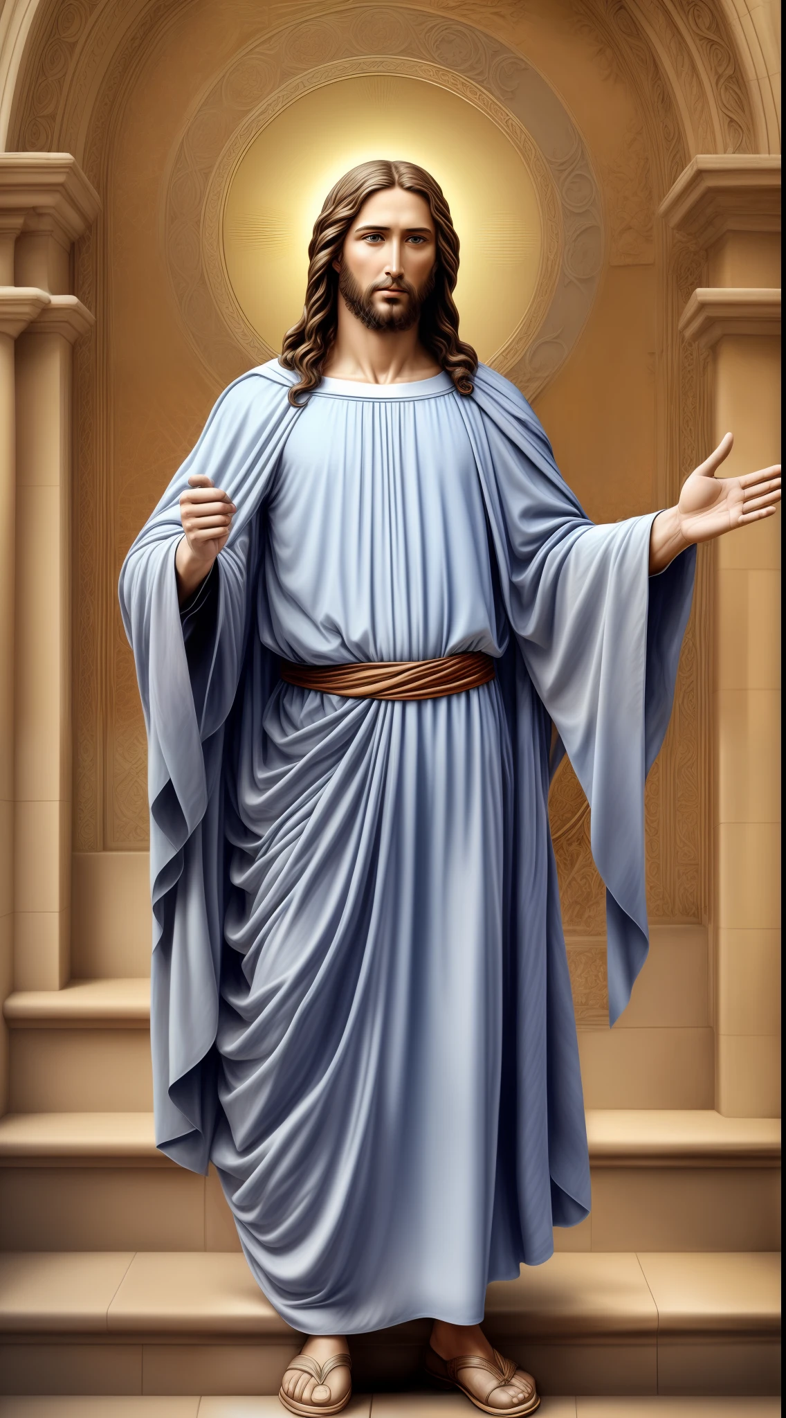 Portrait of a handsome Jesus , Jesus Christ, real blue eyes, sunny day, intricate details.real jesus lord, straight head face, Straight body.Prayer jesus, perfect full body