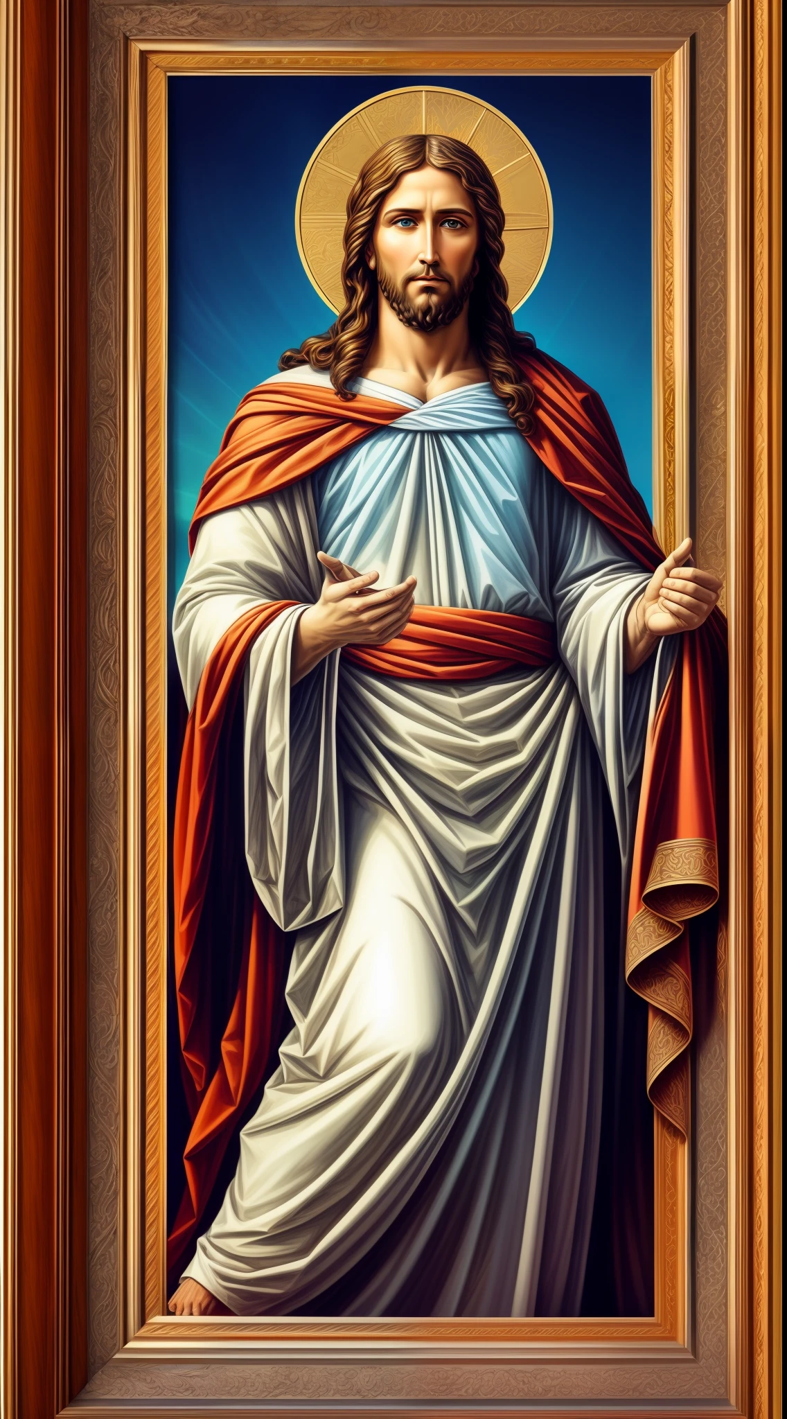 Portrait of a handsome Jesus , Jesus Christ, real blue eyes, sunny day, intricate details.real jesus lord, straight head face, Straight body.Prayer jesus, perfect full body