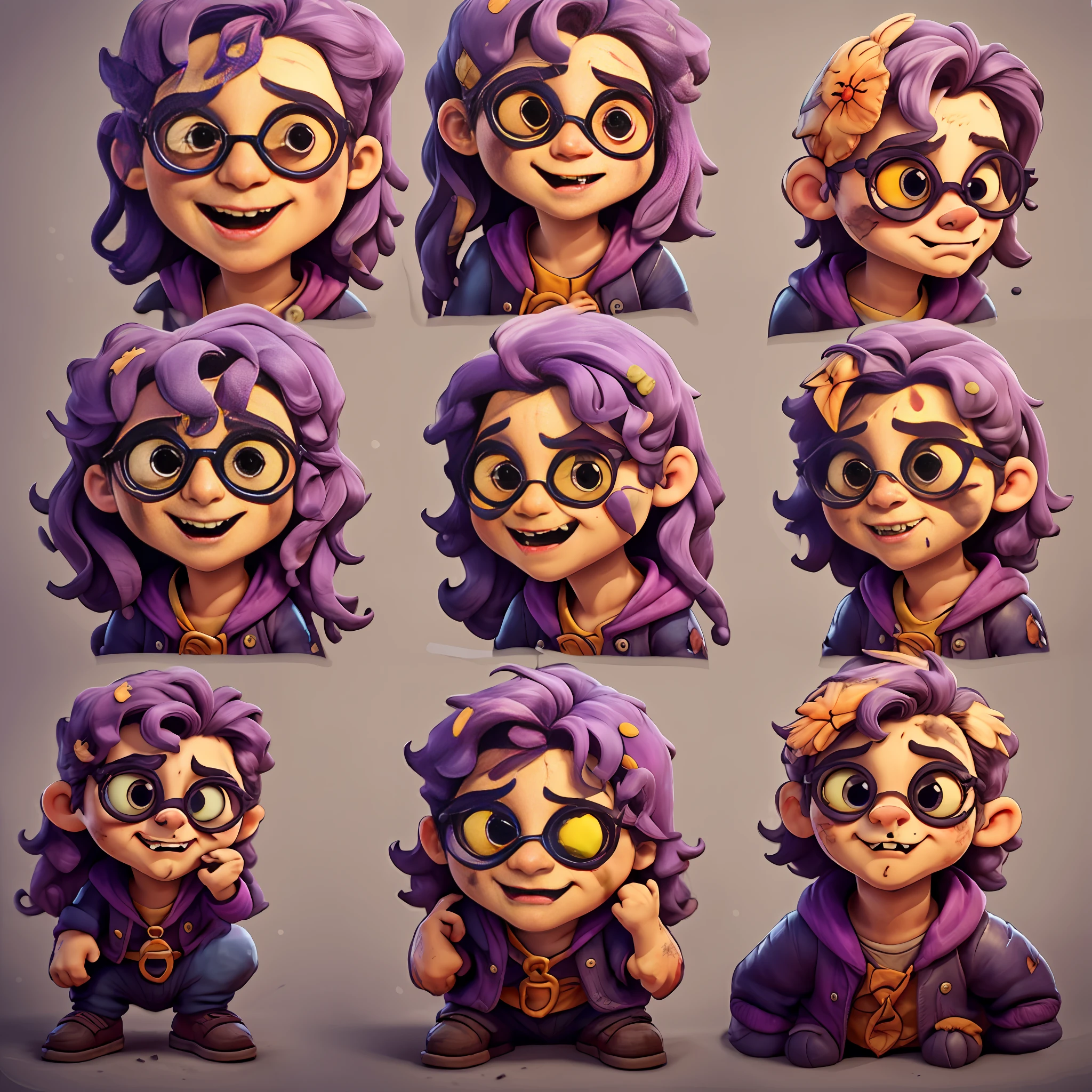Dynamic series of cartoon drawings, A tall skinny young zombie, masculine, fragile, curly hair, disheveled hair, Hematite hair, (Hematite suit with purple accents, Tight-fitting suit, Torn shirt, torn pants., Dirty clothes., terror, frightful, (trousers), boots), Hematite boots, s big eyes., shining eyes, (Hematite hair: 1.2), (bob's haircut), (Yellow-red eyes),, drawing character sheet, pose reference, drawings of the same character at different angles, ,(16 emojis，emoji sheet，Align arrangement)，16 Postures and expressions（Grieving，astonishment，having fun，excitement，big laughter，angry，doubt，Touch your head，Sell moe, wait, smirk, lie down, eat, Poop, Bath, mad, run, tired, threaten, Fluffy, fall in love, Secretly in love, Say Love, beg, Knob, cry, Kek Tha, impudent, Watch Movies, Play Games, sweating, Hot, cold, shake, Closed eyes, wink, flirt, jump, Wear glasses, work, read, mad, angry, Show your fangs, Smiles., be frightened, stunned, kiss, caress, Stick your tongue out., sleepless, miss, nightmare, Good night., ill, drunk, Hangs, Puke, Dizziness, headache, Goosebumps, shivering, Stomach ache, Flexor, twisted, dance, sing, Listen to music, Play Music, drink, Drink beer, smoke, Tongued eyes, bulging eyes, swoop eyes) In 16 postures. 16,High Quality, high-res, 16, HD,(well designed face), A terrifying face, shabby., There are ulcers., emaciated, Yellow teeth, (Super Detailed), Scary eyes., Aggressive eyes, A planet full of anger.
