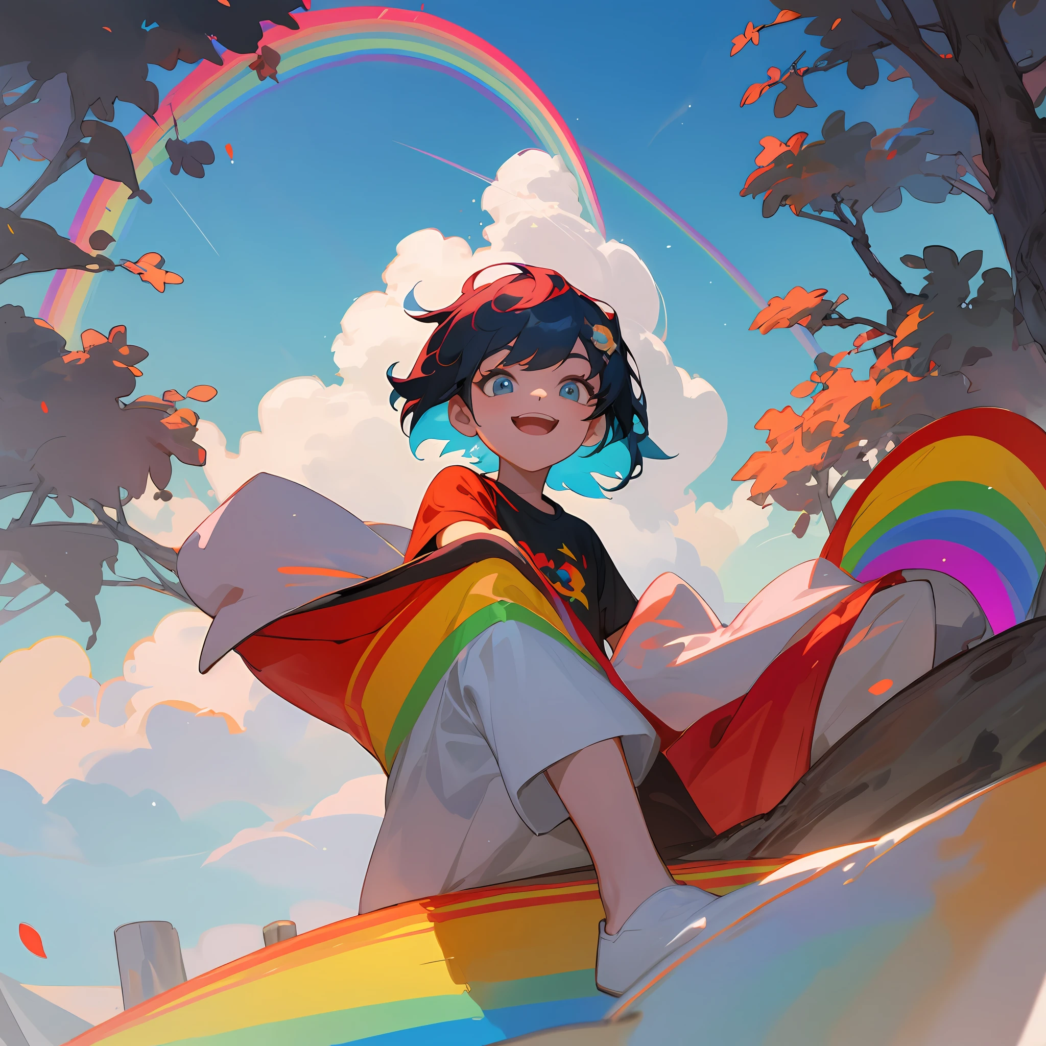 Asia face，A little boy sits on a rainbow in the sky，Colorful hair，cheerfulness，fantasy，rays of sunshine，tree shade，Extremely colorful，rainbowing，baiyun，with blue sky and white clouds，A rainbow fills the whole picture，Hand detail，Leg details，Red clothes，Seven colors of hair，tee shirt，Close-up rainbow
