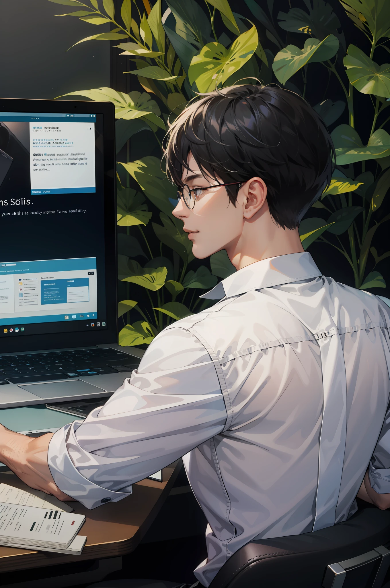 (absurderes,A high resolution,ultra - detailed),1 male,mature,There is a manhood,wears glasses,Eyes look at the screen,Don't point your chin too much,Black color hair,large tall,Handsome,Elaborate Eyes,Complicated details,sportrait,looking at viewert,独奏,Half shot,detailed back ground,详细的脸,(1980s synthetic wave theme: 1.1) Financial elite,ssmile,Wear only a white shirt on the upper body,White shirts should not show flesh-colored,The forearm muscles are slightly less,The hair is shorter,Sleeves rolled up,Solid wood desk,laptop,Screen reduction,Two professional books,Local greenery