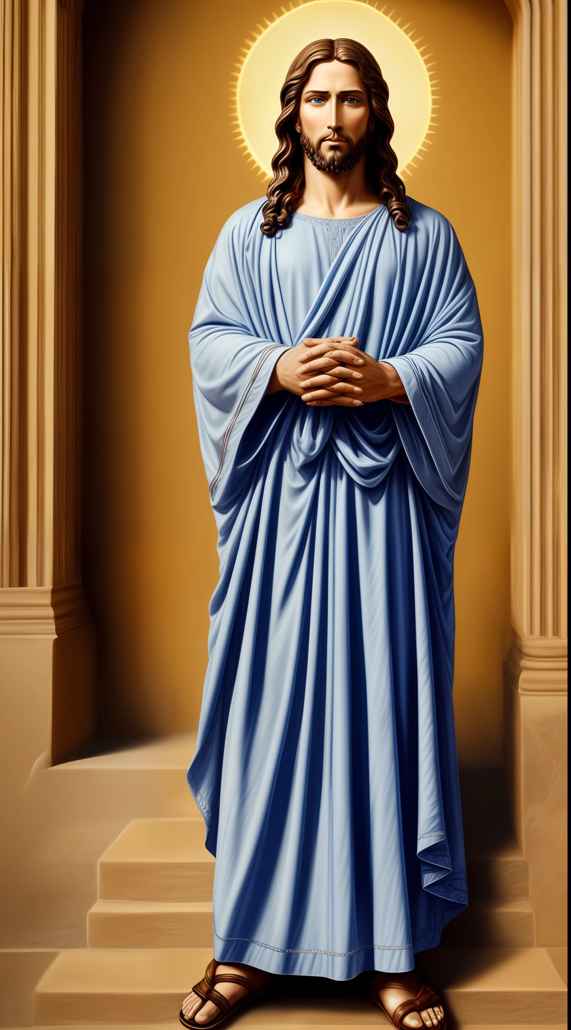 Portrait of a handsome Jesus , Jesus Christ, real blue eyes, sunny day, intricate details.real jesus lord, straight head face, Straight body.Prayer jesus, perfect full body