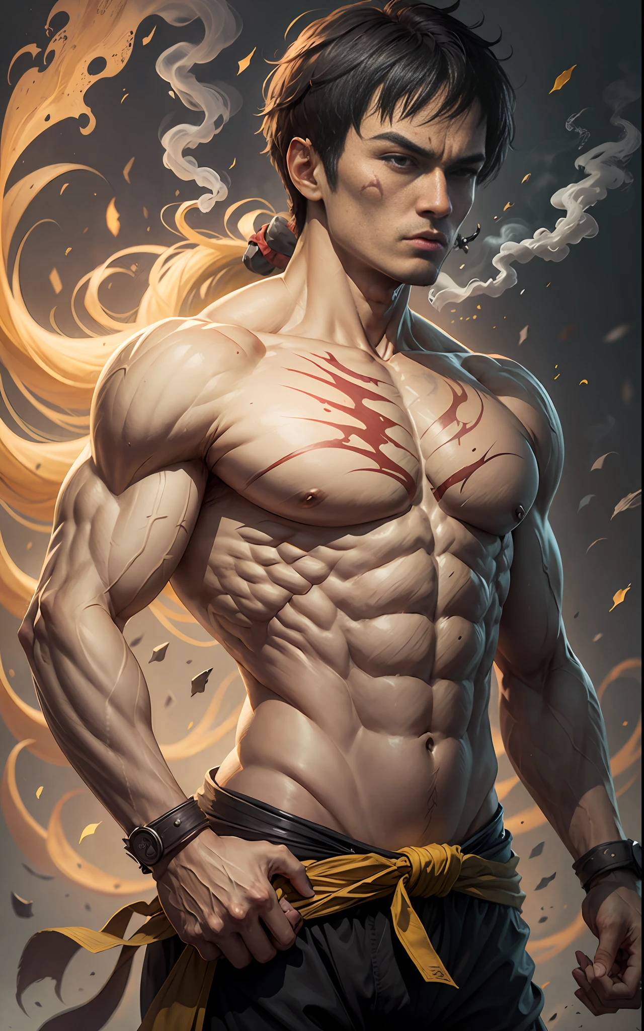 Dicas: foto de corpo inteiro, design de personagem do jogo, Bruce Lee jogos mortais, bruce lee,Walking towards the camera, Hands in pockets, smoke billowing, olhos vazios, jaleco amarelo, personagem Hokuto Shinken, Kenjiro, luz lateral superior, rua deserta (distant view, profundidade de campo borrada), elevation perspective - AR 10:16 - Expression of style