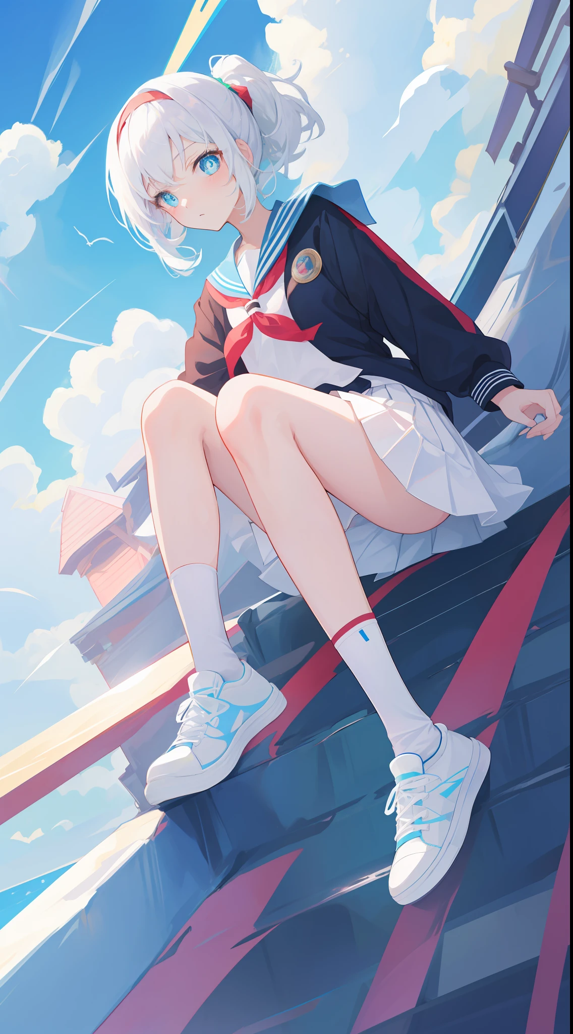 Anime characters with white hair and blue eyes, anime visual of a cute girl, Anime moe art style,Girl with short white hair, Shoujo white hair young anime girl, official character art,Heterochromic pupils，Wear high-top sneakers，sitted，Elevate your feet to expose all soles，Exposes all soles，The sole makes up a small part of the picture，White sailor suit，Short pleated skirt，blue accents，red hairband，flatchest，Short ponytail hair，White high-top flats in hand，chiquita，fully body photo