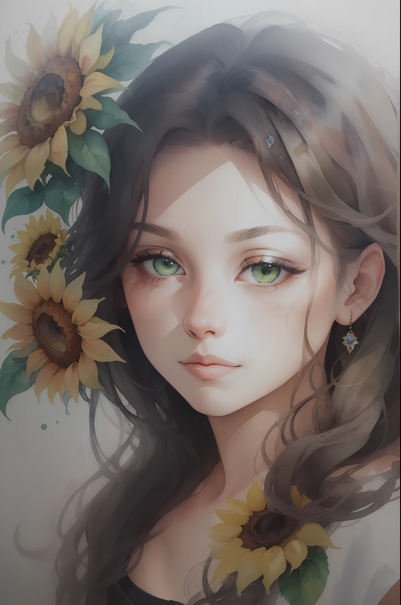 (aquarelle:1.2),1cat, Solo, flower, Sunflower wreath, sportrait, Foliage, Almost asleep, signatures, yellowflower, A brown-haired, Long hairs, green-eyed, Side face close-up,realisticlying,Authentic, Real