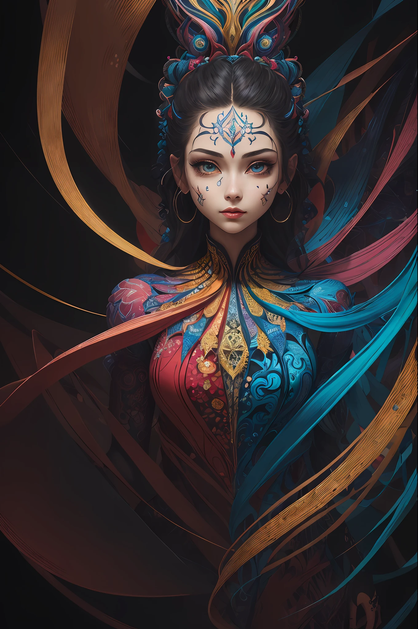 (masterpiece, top quality, best quality, official art, beautiful and aesthetic:1.2), (1girl:1.3), extremely detailed,(fractal art:1.2),colorful,highest detailed,(zentangle:1.2), (dynamic pose), (abstract background:1.5), (treditional dress:1.2), (shiny skin), (many colors:1.4), upper body, masterpiece, best quality,high quality,highres, 16K,RAW,ultra highres,ultra details,finely detail,an extremely delicate and beautiful,extremely detailed,real shadow, anime,highly detailed painted,award winning glamour paintting,wonderful paintting,art style,stylized,