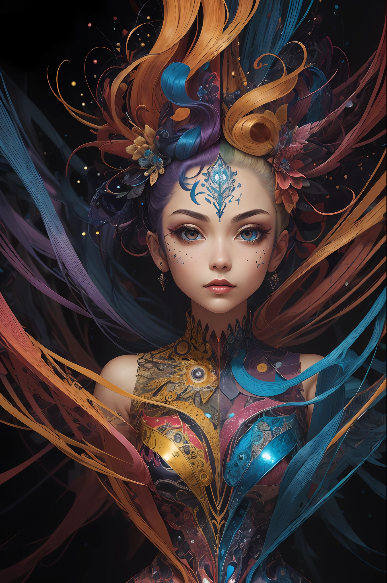 (masterpiece, top quality, best quality, official art, beautiful and aesthetic:1.2), (1girl:1.3), extremely detailed,(fractal art:1.2),colorful,highest detailed,(zentangle:1.2), (dynamic pose), (abstract background:1.5), (treditional dress:1.2), (shiny skin), (many colors:1.4), upper body, masterpiece, best quality,high quality,highres, 16K,RAW,ultra highres,ultra details,finely detail,an extremely delicate and beautiful,extremely detailed,real shadow, anime,highly detailed painted,award winning glamour paintting,wonderful paintting,art style,stylized,
