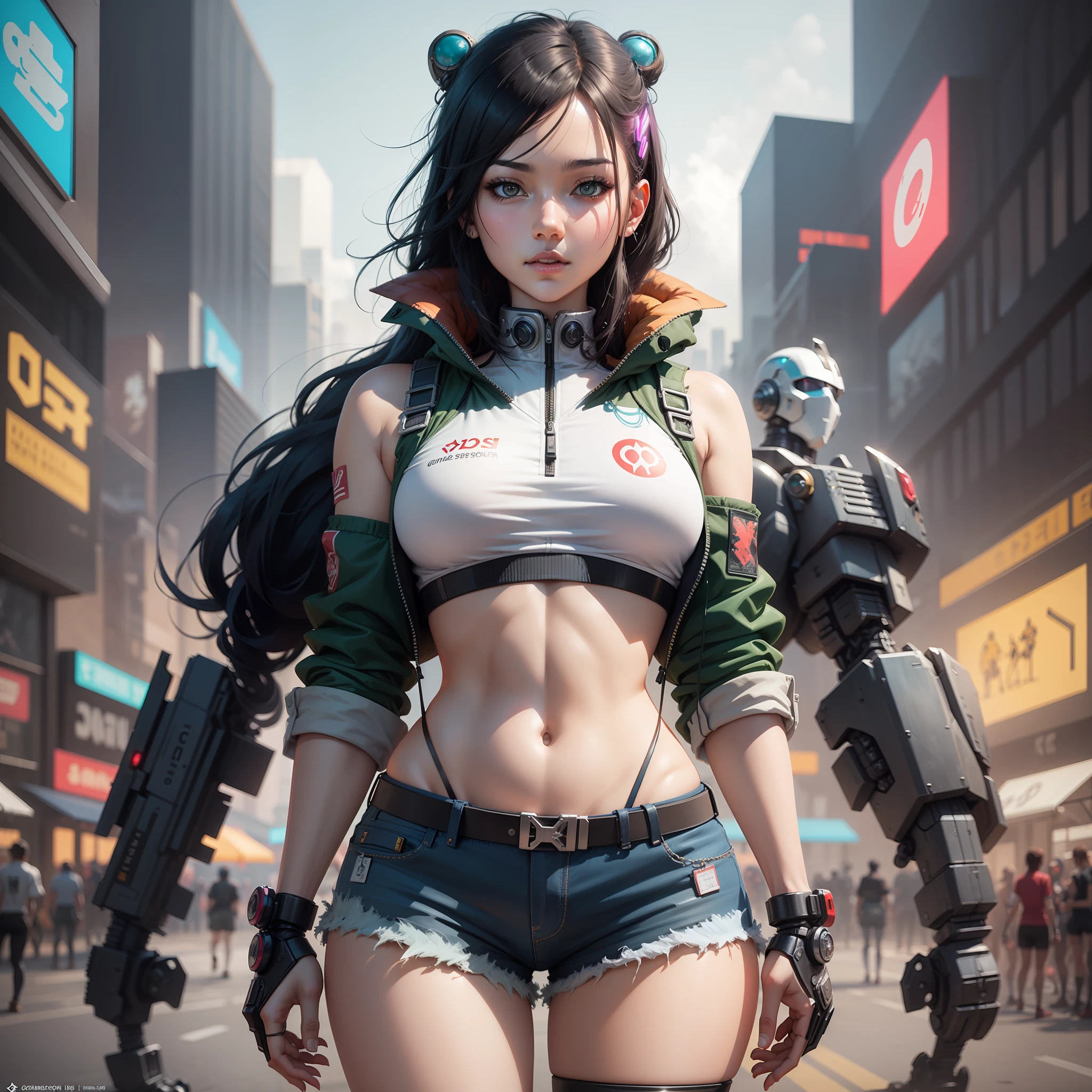 anime girl in short shorts and jacket standing next to giant robot, artwork in the style of guweiz, cyberpunk anime girl mech, trending on cgstation, guweiz, by Russell Dongjun Lu, digital cyberpunk anime art, ross tran 8 k, guweiz on artstation pixiv, girl in mecha cyber armor