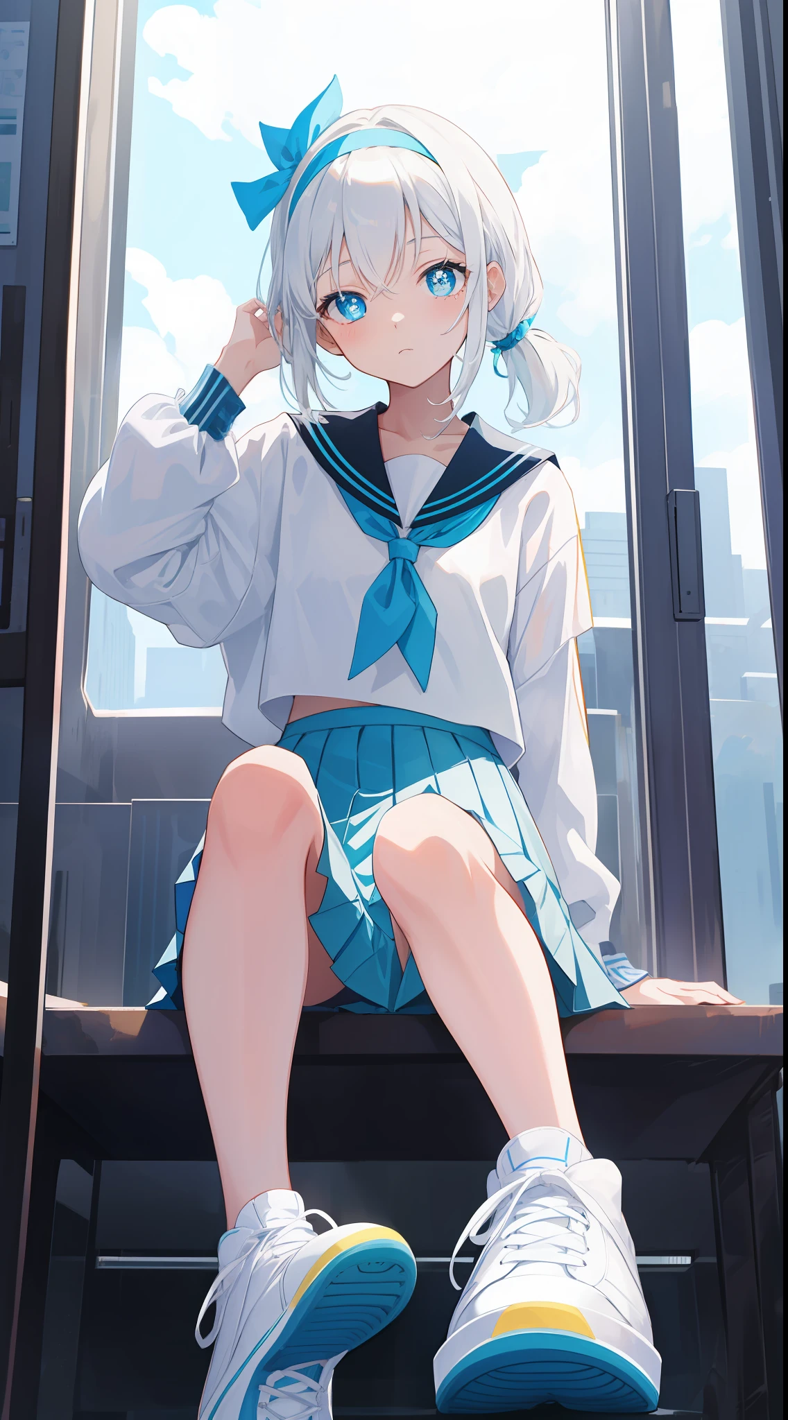 Anime characters with white hair and blue eyes, anime visual of a cute girl, Anime moe art style,Girl with short white hair, Shoujo white hair young anime girl, official character art,Heterochromic pupils，Wear high-top sneakers，sitted，Elevate your feet to expose all soles，Exposes all soles，The sole makes up a small part of the picture，White sailor suit，Short pleated skirt，blue accents，red hairband，flatchest，Short ponytail hair，White high-top flats in hand，chiquita，Full body photo
Wait for it to start