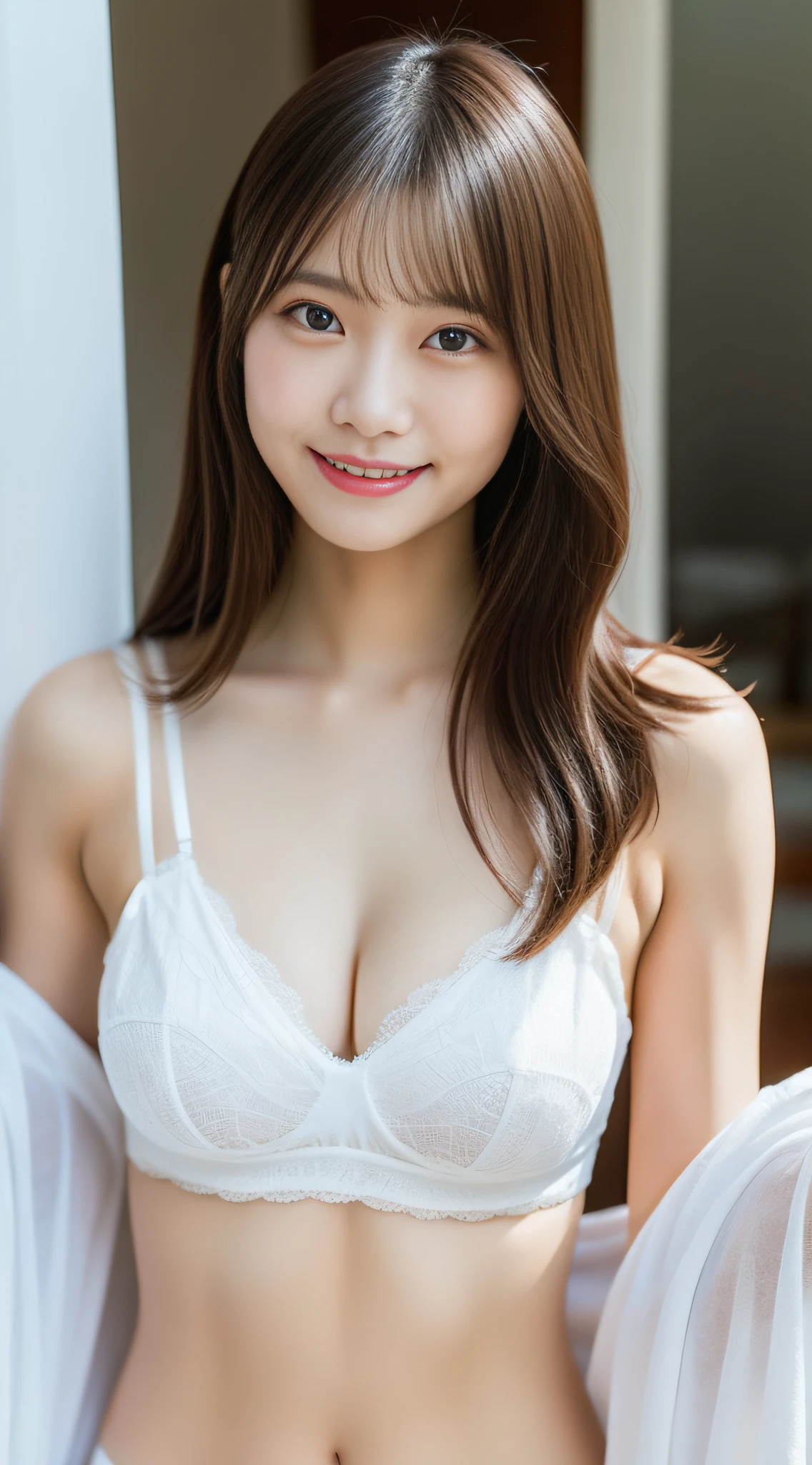 Asian woman in underwear posing for one photo, A smile、Girl in underwear,Close-up portrait taken in a single photo, closeup portrait shot, Wearing white underwear, professional closeup photo, full body Esbian、close up half body shot, Japanese Models, close up portrait photo、细致背景