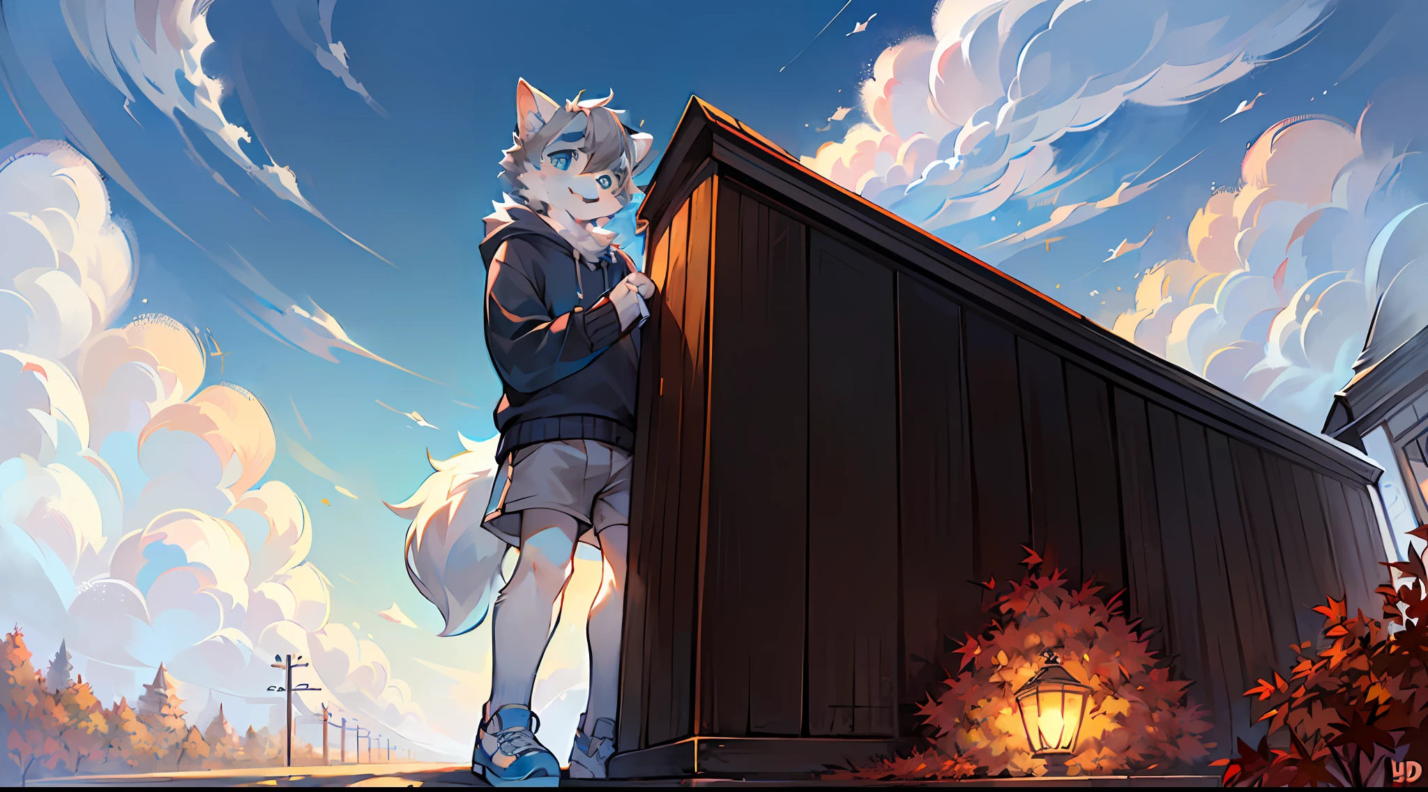 tmasterpiece,High-quality portraits,abstract res,digitial painting(Fluffy fur,),anthro male wolf, short detailed hair, eyes with brightness, in a panoramic view, shaggy, Furry boy, (Full Body Furry, Fluffy tail, White fur, blue color eyes, Gray hair，having fun，Wolf ears，Erect ears), (long canines、）autumnal，the street，Large clouds，blue-sky，Refreshing weather，HD body details，Hyper-detailing，cinematic ligh，the soft light，Ray traching（Small white shorts，White calf socks，White casual shoes，gray sweaters，Super cute face，）Ultra HD facial detail