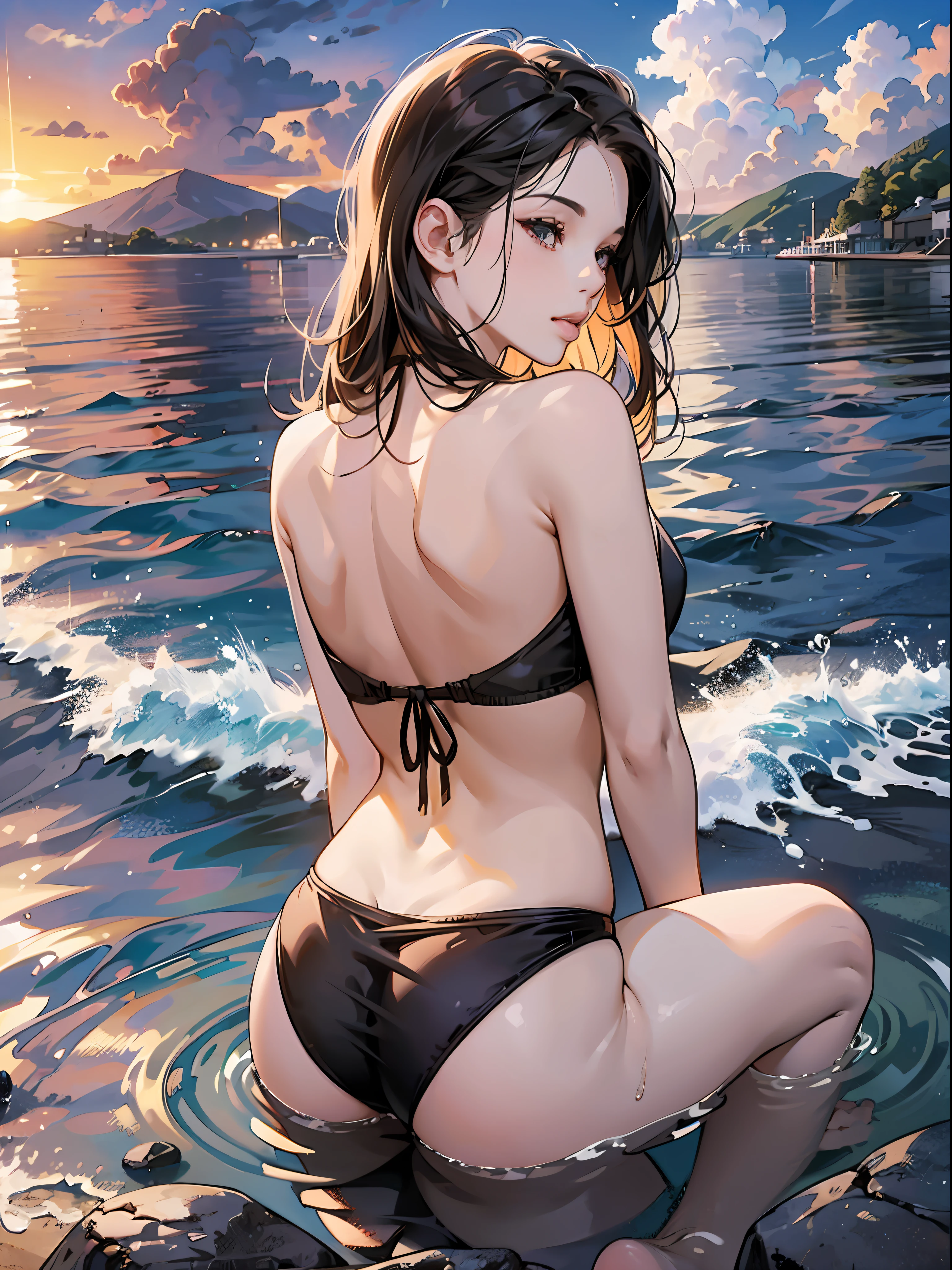 masutepiece,hyper quality, Hyper-detailing,Perfect drawing,nffsw,3D,8K,illustratio、Hi-Res、(((Two beautiful girls)))、The bikini、swim wears)、(Sitting on the breakwater)、Close your eyes、((French Kissing))、the setting sun、Horizon、shores、Back lighting、Sparkling water surface、beatiful backgrounds、Accurate drawing、Detailed drawing