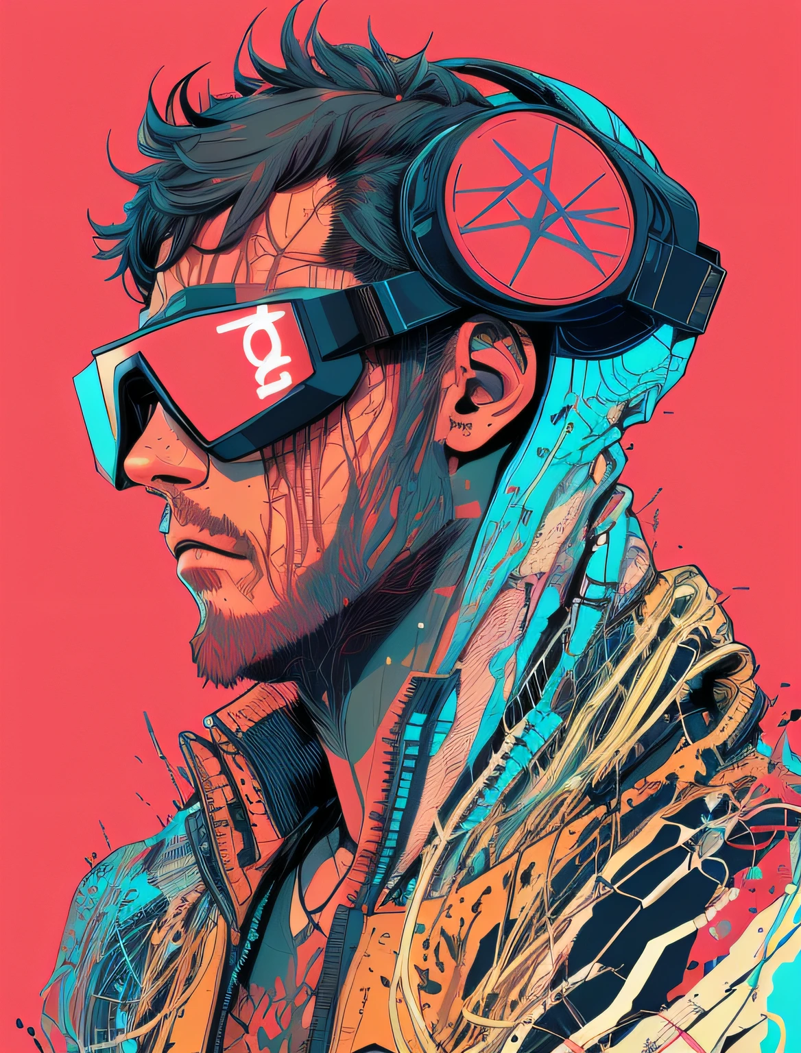 a close up of a person wearing goggles and a red background, cyberpunk art style, cyberpunk artstyle, cyberpunk themed art, cyber space cowboy, cyberpunk dude, cyberpunk illustration, detailed cyberpunk illustration, cyberpunk art, neonpunk, cyberpunk vibes, cyberpunk shading, in cyberpunk style, cyberpunk style color, advanced digital cyberpunk art, hyper-realistic cyberpunk style