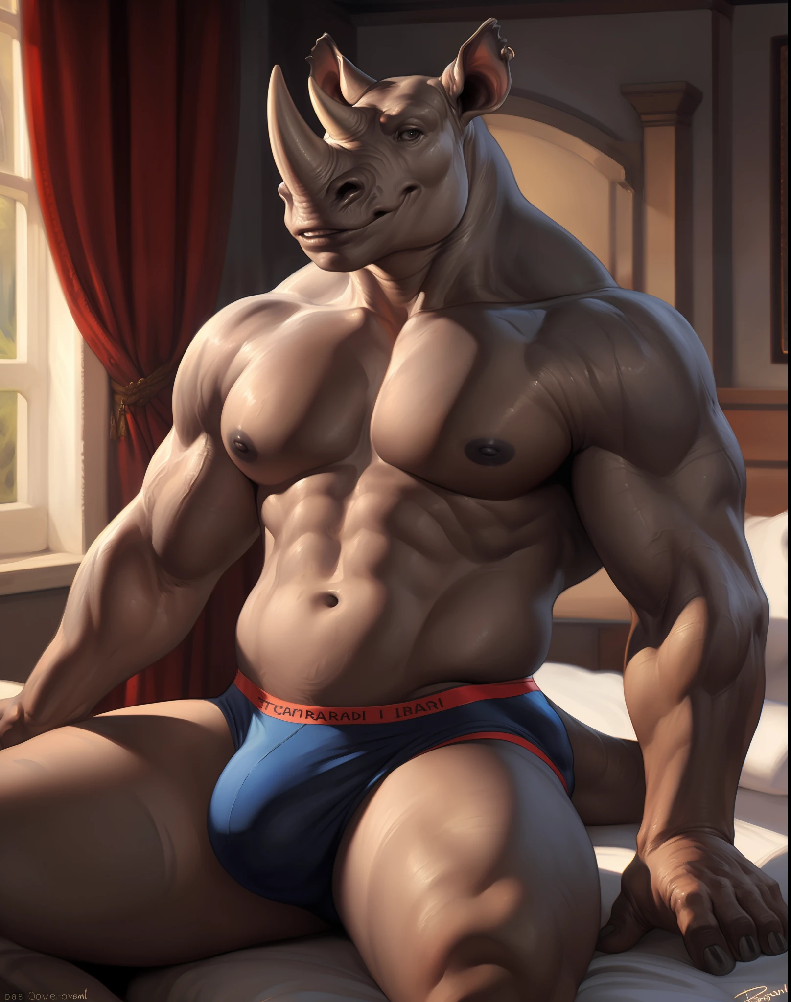 solo, anthro (rhino), male, adult, muscular, bare torso, detailed background,((bedroom)), photorealistic, hyperrealistic, ultradetailed, natural pose, cute, underwear, white briefs, bulge, detailed bulge, detailed eyes, beefy, bulky, bodybuilder physique, nips, looking at viewer, sitting on bed, by personalami, by honovy, by thebigslick, by taranfiddler, by pixelsketcher