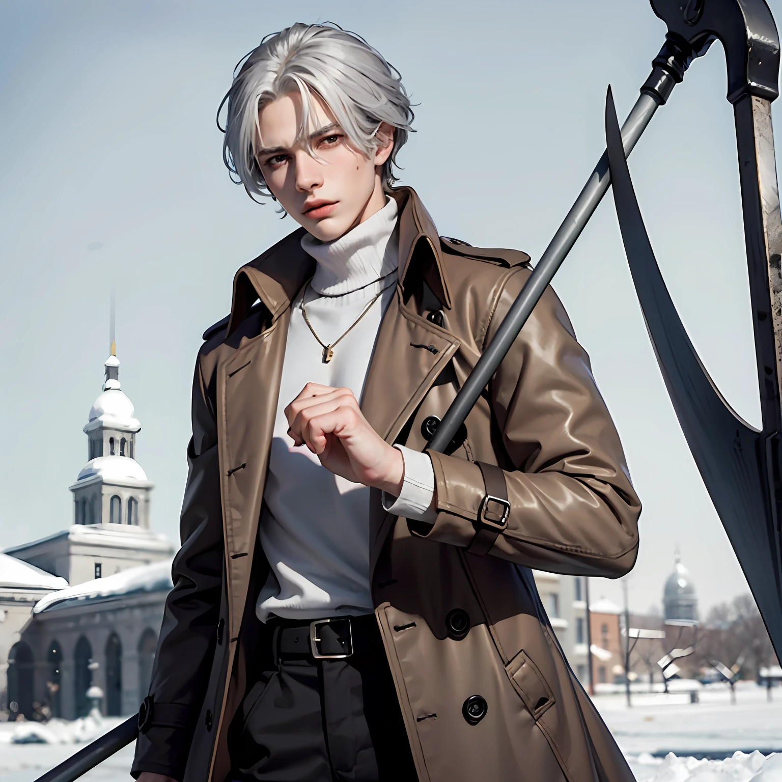 Gray hair，Brown trench coat，White sweater，White eyes，Bandages wrapped around hands，HOLDING A SCYTHE IN HANDS，boy，Cold --auto