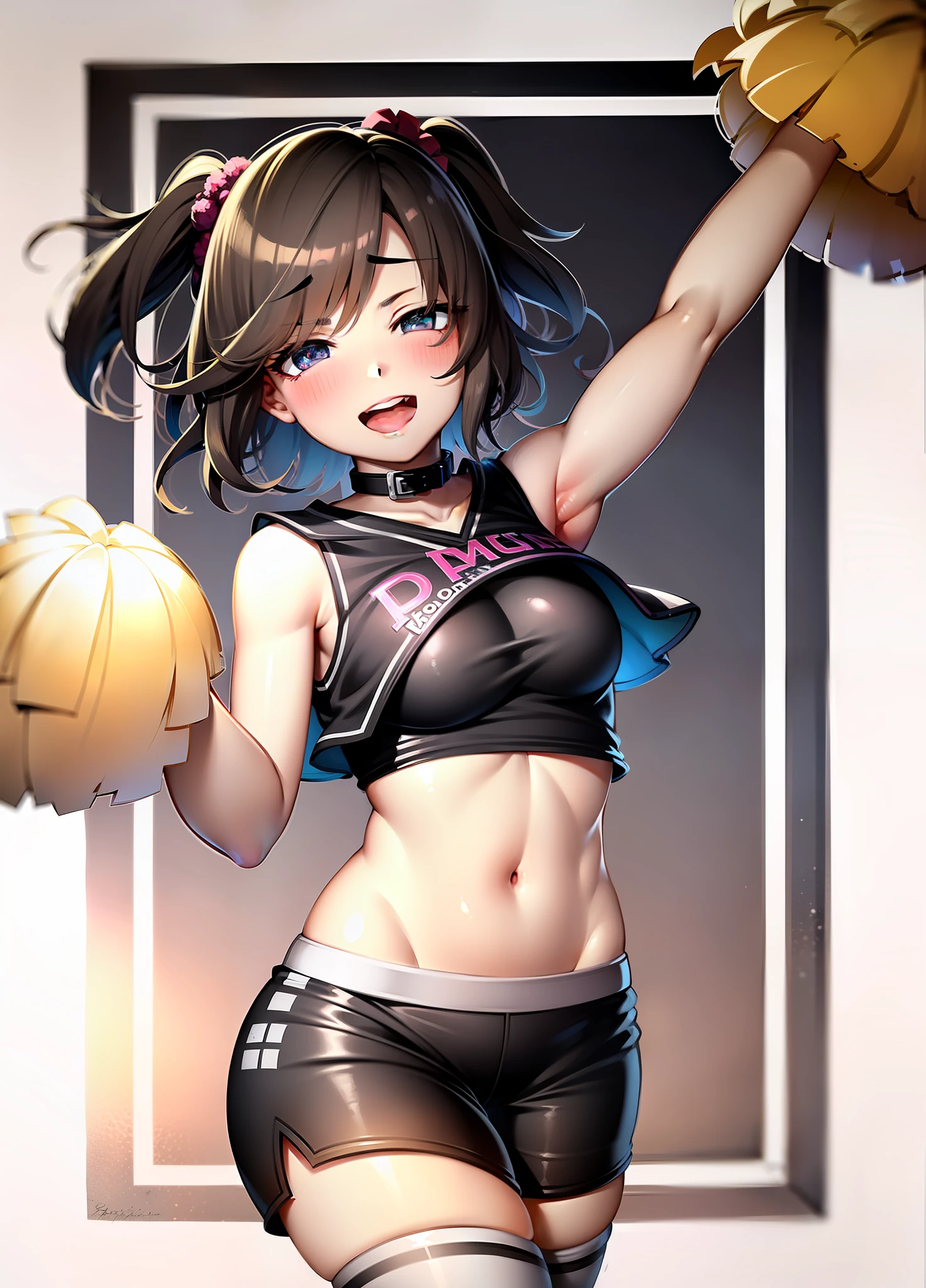Uma linda menina de cabelos rosas, natsuki, doki doki literature club, umbigo a mostra, short vermelho, cheerleader pompom, a bit serious, com um fundo de um campo, belas curvas na cintura
