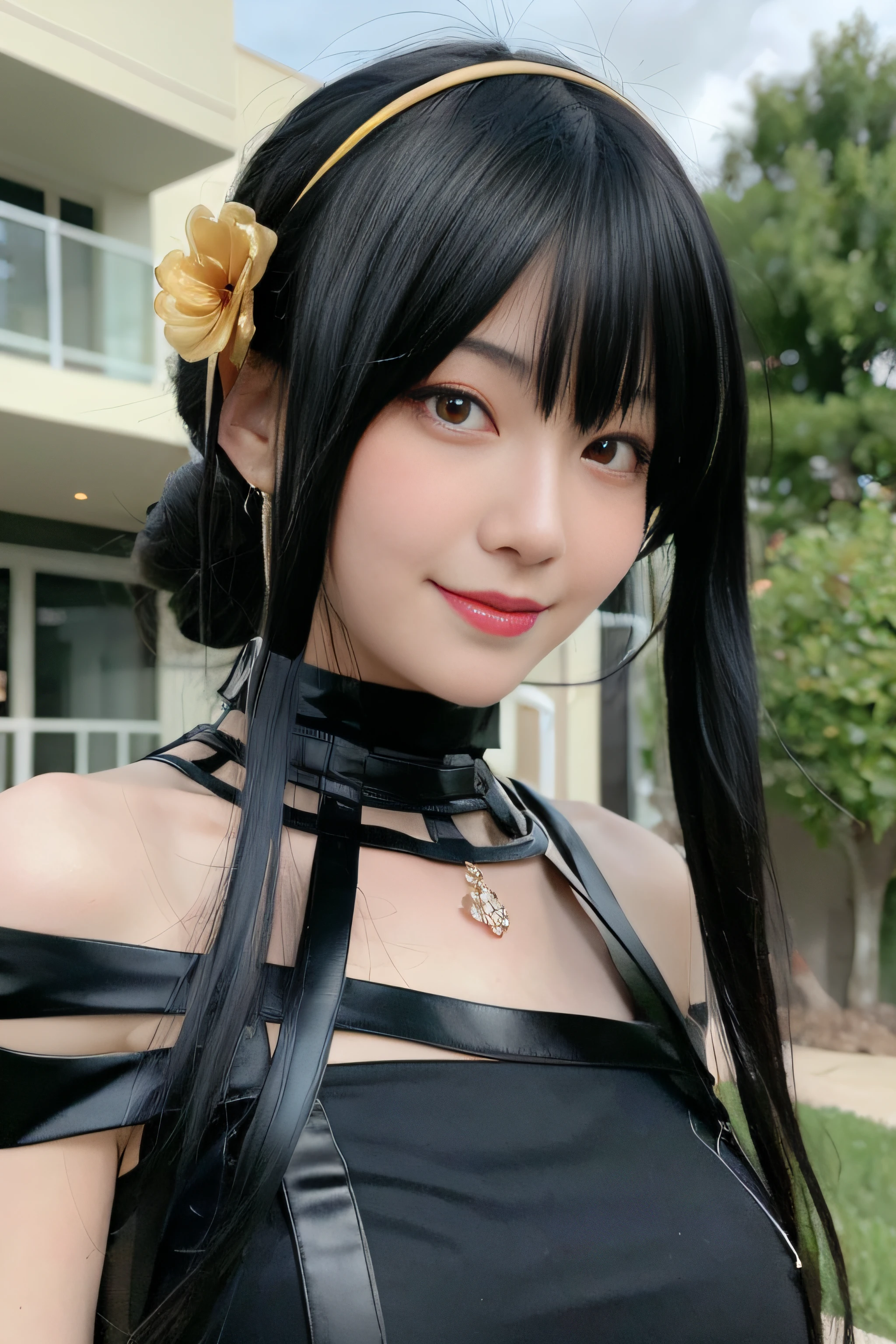 (8k, best quality, masterpiece:1.2), (realistic, photo-realistic:1.37), ultra-detailed, (1girl:1.6),cute,beautiful detailed sky,(outdoors:1.4),daytime, standing,dating,(nose blush),(smile:1.15),(closed mouth:1.2), very Large breasts,beautiful detailed eyes, wet,rain, (long hair:1.2),floating hair NovaFrogStyle, looking at viewer, facing viewer, full body,yor briar,