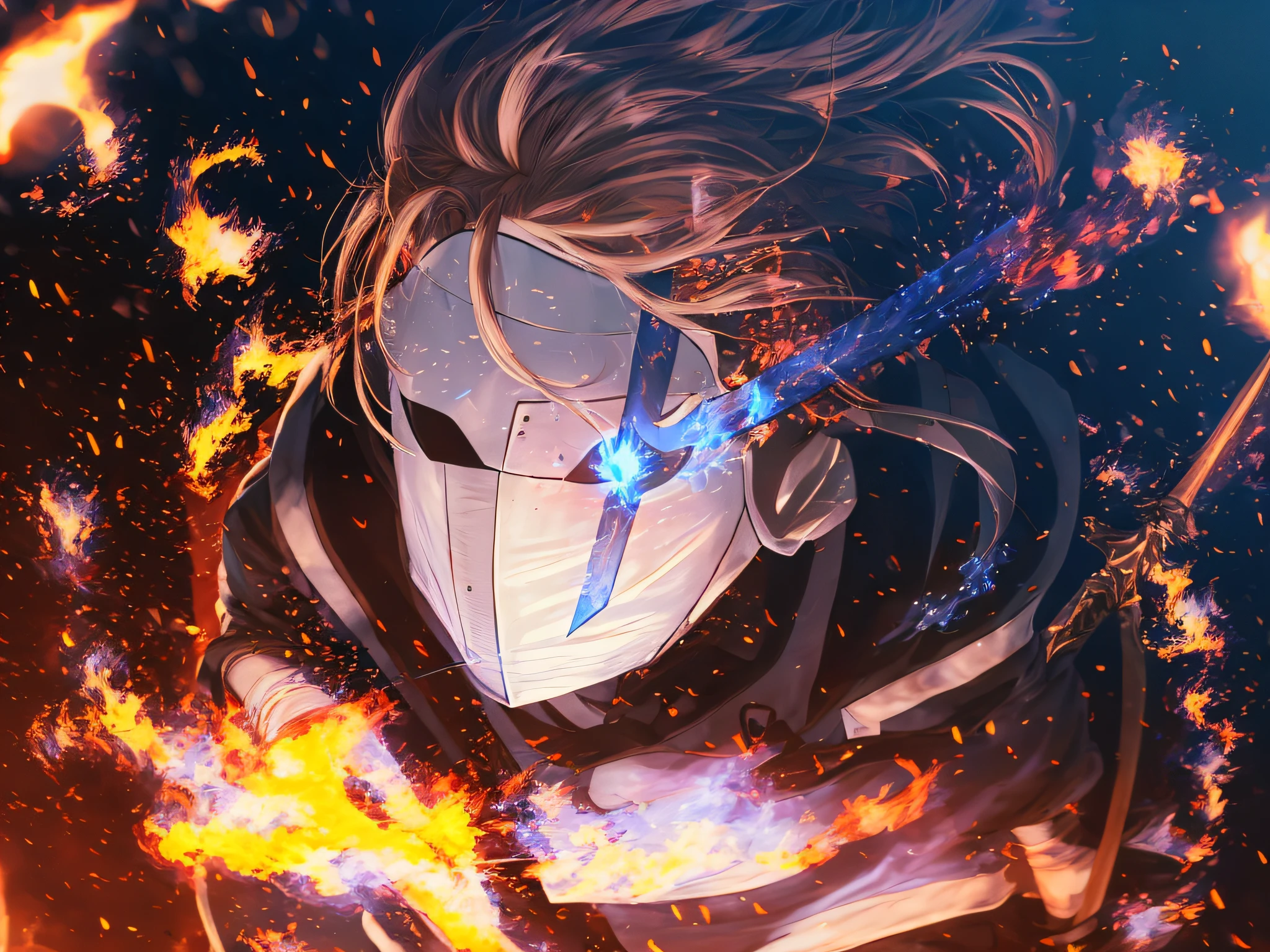 Anime boy with a sword and a fire in his hand and wearing a white mask , olho direito azul , Scenery with flames , 8k