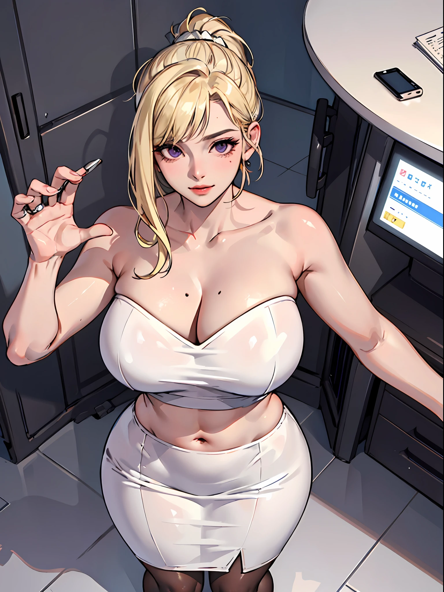(upper body:1.2 1girl, masterpiece, best quality, ultra-detailed, illustration, finely detailed eyes and detailed face) Clothes: white pencil skirt , tube top white, wedding ring, Appearance: short blonde hair in a ponytail, no bangs, zero bangs, natural makeup, (purple eyes:1.05), wide hips, massive breasts, alluring, motherly, at_the_CEO_office, looking at viewer, curvy, voluptuous, full body, CEO lady, (mature female, milf:1.1), solo, (curvy:1.1), big ass, thick thighs, milf, shot from above, very detail