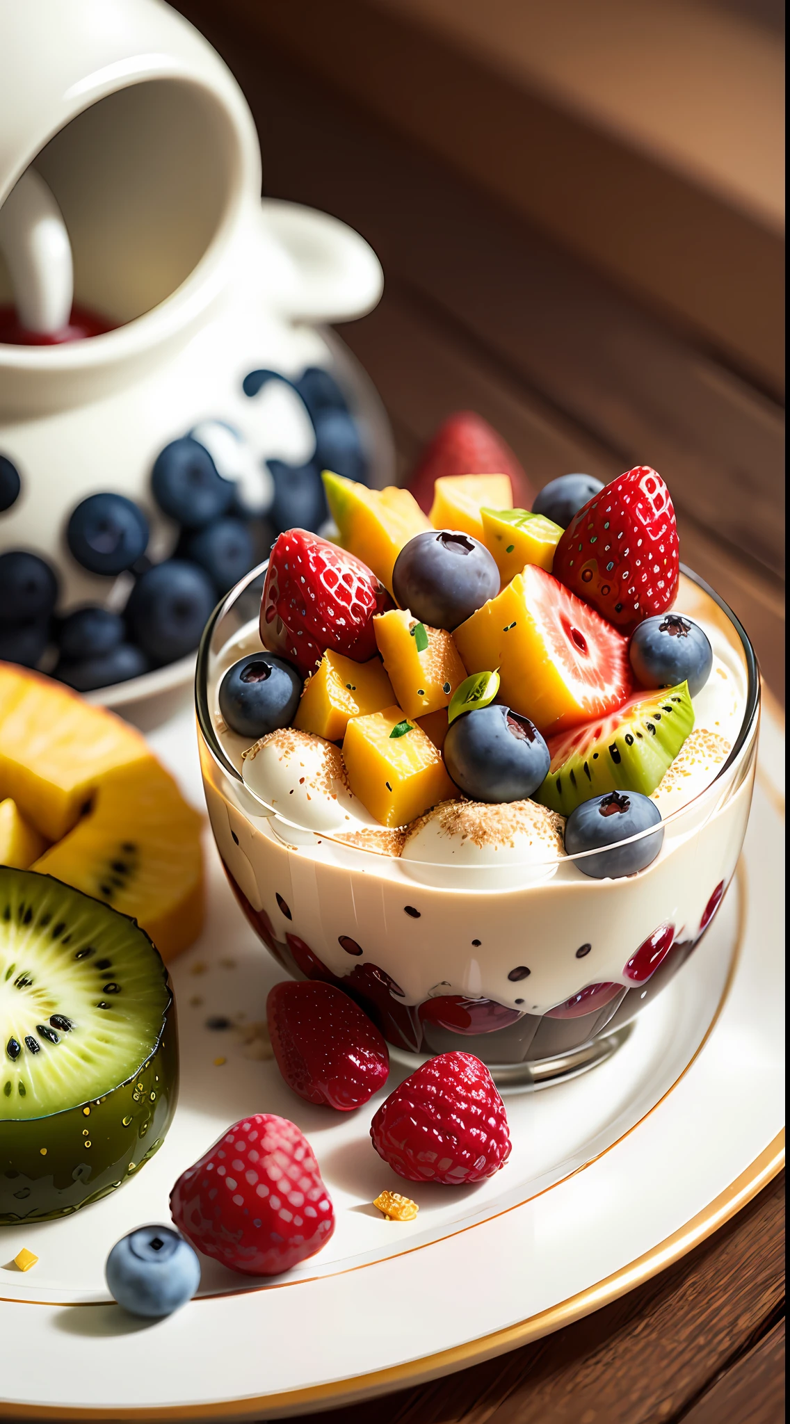(((Multi-layered jelly))) glass, stained glass windows, Multi-colored highlights, tmasterpiece, Top Quality, Experience, Chic, Boho-chic, a gold, utensil, kettle, a cup, plate, crystals, with floral print, 2 tablespoons chia seeds 1 cup milk (can be cow's milk, vegetable milk or yogurt) 1 teaspoon vanilla extract of your choice (optional) Chopped fresh fruits (For example, strawberries, kiwi, mango, blackberry, raspberry, cherry, carom, blueberries, etc.) Marengo, cookies, for topping --auto --s2