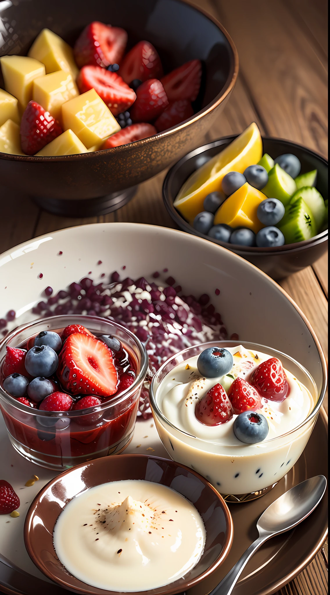 (((Multi-layered jelly))) glass, stained glass windows, Multi-colored highlights, tmasterpiece, Top Quality, Experience, Chic, Boho-chic, a gold, utensil, kettle, a cup, plate, crystals, with floral print, 2 tablespoons chia seeds 1 cup milk (can be cow's milk, vegetable milk or yogurt) 1 teaspoon vanilla extract of your choice (optional) Chopped fresh fruits (For example, strawberries, kiwi, mango, blackberry, raspberry, cherry, carom, blueberries, etc.) Marengo, cookies, for topping --auto --s2