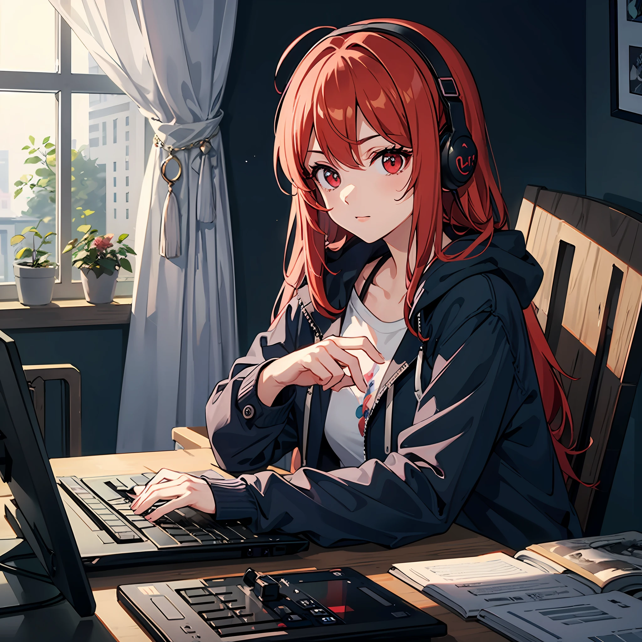 bright red eyes looking at the computer,harmony with the picture