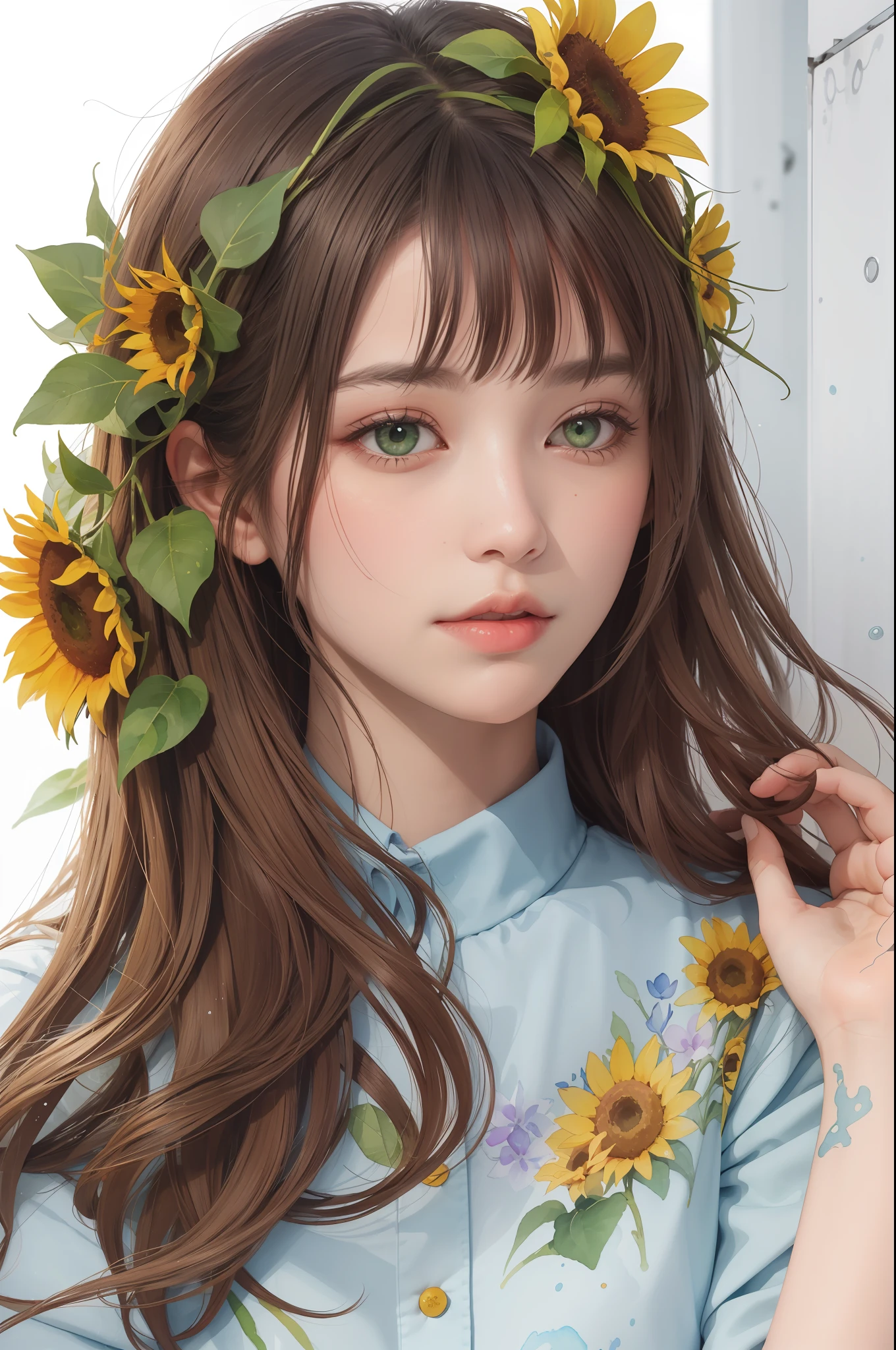 (aquarelle:1.2),1cat, Solo, flower, Sunflower wreath, sportrait, Foliage, Almost asleep, signatures, yellowflower, A brown-haired, Long hairs, green-eyed, Side face close-up