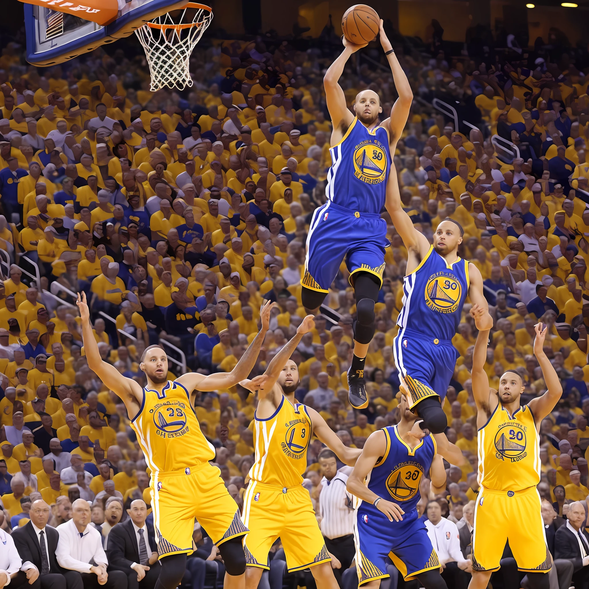 Basketball players in action on the court,Crowd watching, warriors fan art, nba finals, Warriors, nba finals, posterized, hq artwork, author:Marshall Arisman, author:a computer rendering by Scott M. Fischer, ( greg rutkovsky ), center focused, dribbble, bottom angles, leaked image, Fan art,, Greg Spalinka, offcial art,Real Human,Steph.Curry --auto