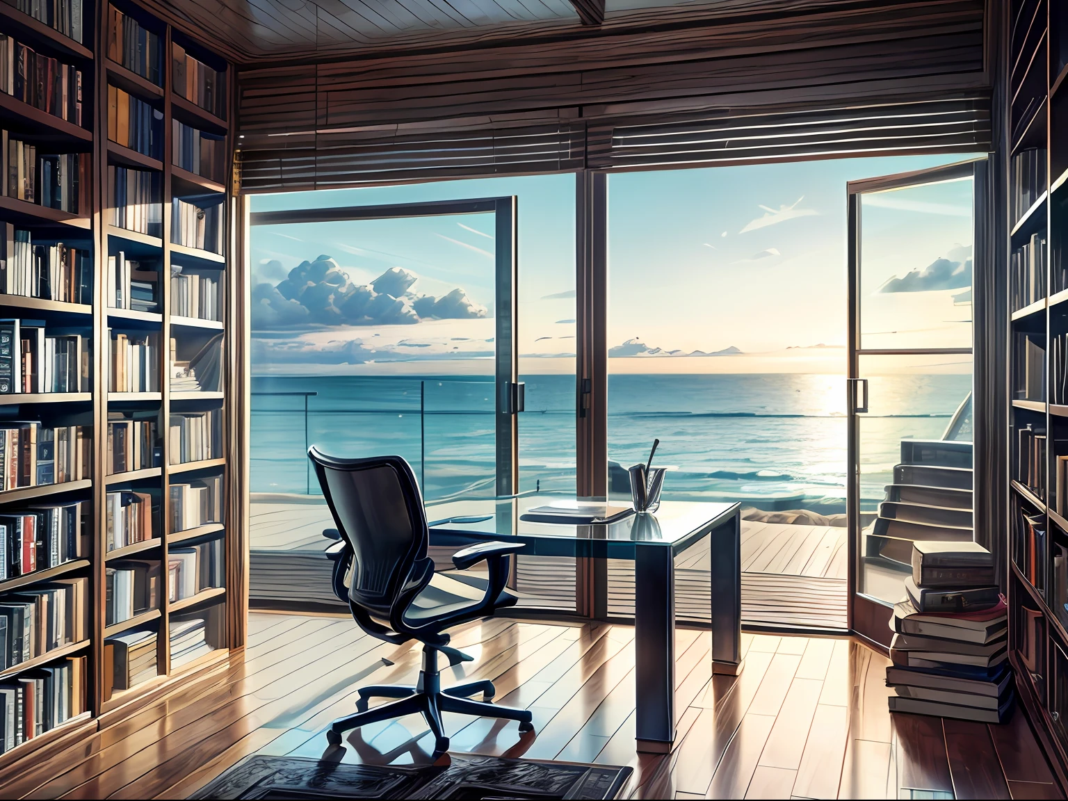 A medieval yet sophisticated home interior with floor-to-ceiling bookshelves showcasing a vast collection of books, a large glass and metal desk with a clean design, a modern ergonomic chair in wood and leather and an inspiring view of the ocean and beach, a lively landscape through the window, a perfect blend of aesthetics.