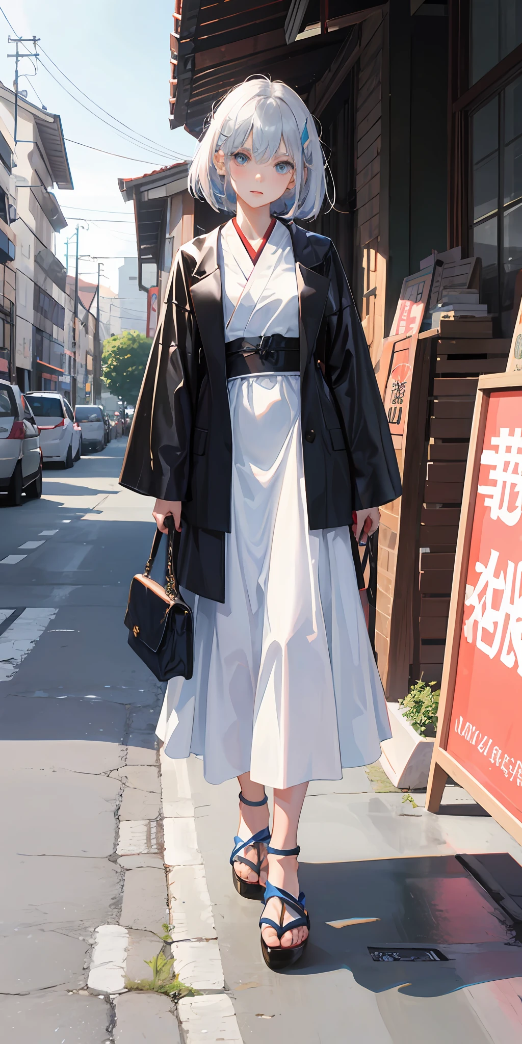 1girll，silber hair，Medium and short hair，Blue iridescent eyes，Red leather coat，a white long skirt，Brown high-top leather shoes，Japanese katana in hand，Stand in the middle of the road，8K，tmasterpiece，Wallpapers