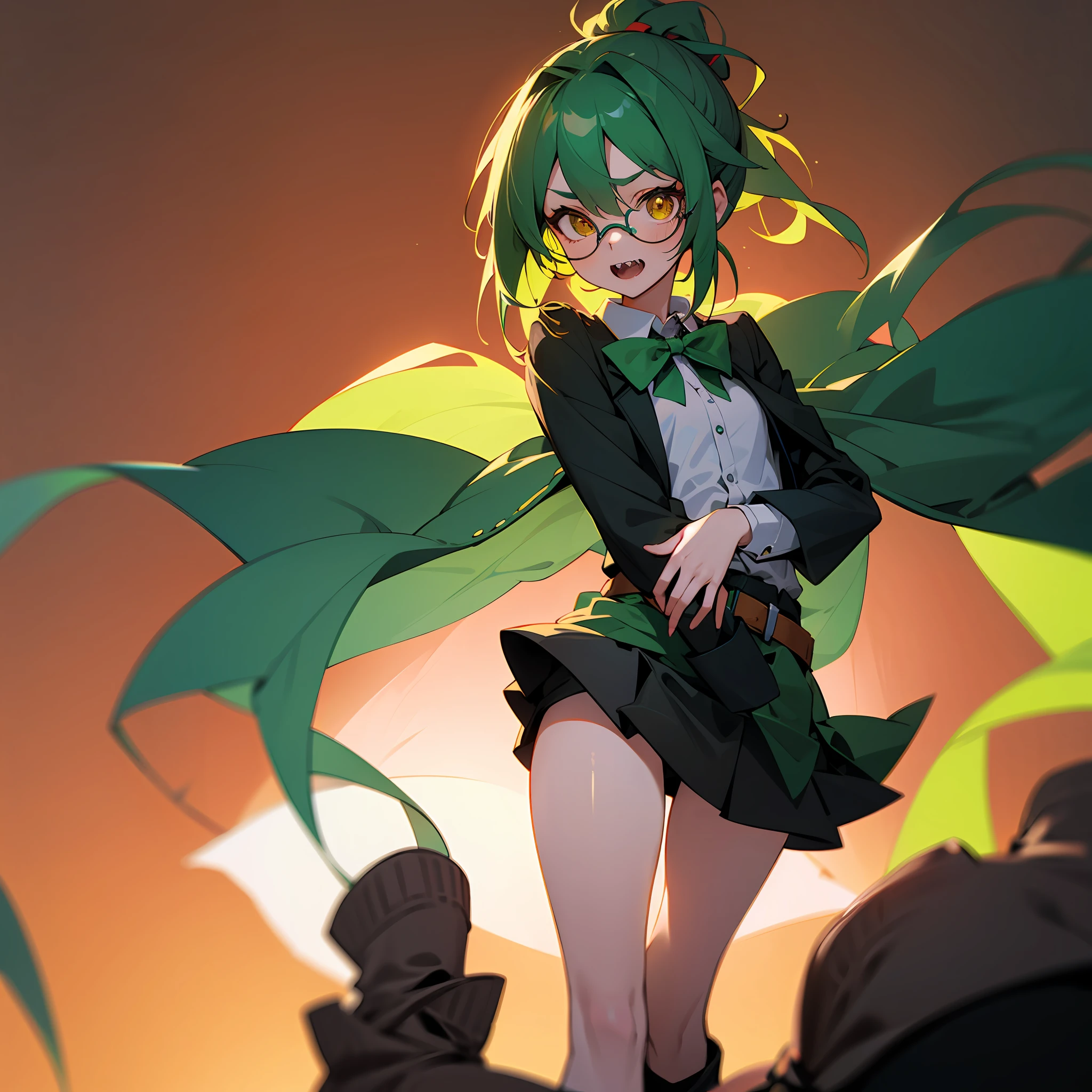 a pregirl,Long dark green hair tied into a ponytail,Yellow-green vertical pupils,Wear thin-rimmed glasses,Sharp teeth,Slender and tall,The chest is flat,Wear a white wool shirt,The collar of the shirt was tied with a green ribbon(neck bowtie),Wear a dark green coat,A belt is tied around the waist,Scarves wrapped,The lower body is a black knee-length skirt,Boots --auto