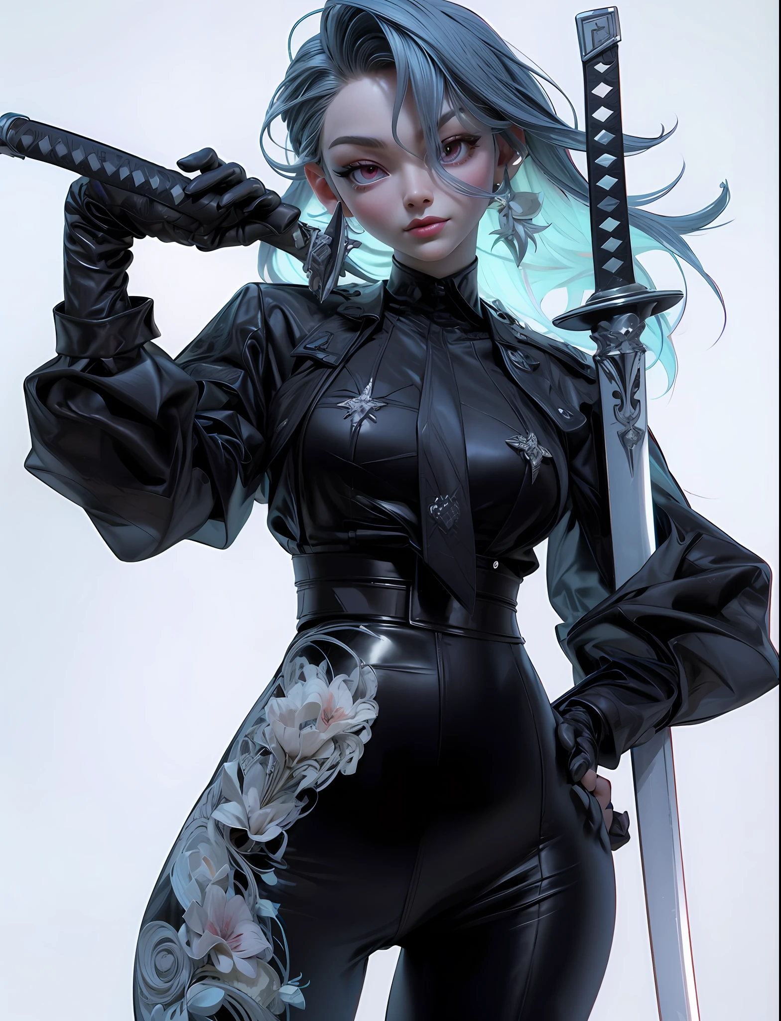 There is a woman in a black outfit, Holding the Sword, ross tran 8 k, 3d rendered character art 8 K, ross tran style, by Russell Dongjun Lu, in the style of ross tran, stunning character art, artwork in the style of guweiz, hyperdetailed fantasy character, by Ross Tran!!!, rossdraws 1. 0, epic exquisite character art, on a black background