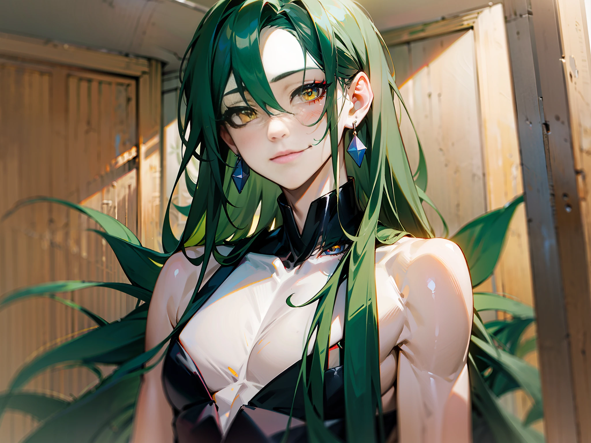 1boy, long hair, open forehead, dark green hair, long straight hair, yellow eyes, earrings,, thin body, pale skin,, yaoi boy, after, languid look, slight smile, cosmetics, long eyelashes, adults, head tilt, in full growth