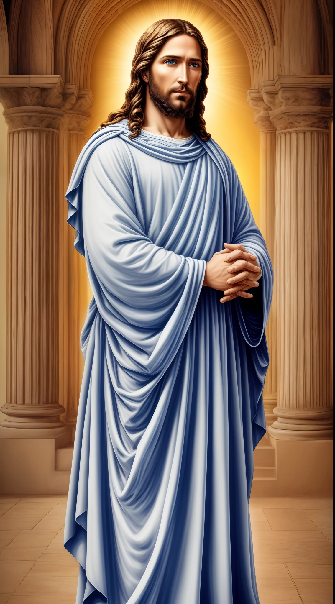 Portrait of a handsome Jesus , Jesus Christ, real blue eyes, sunny day, intricate details.real jesus lord, straight head face, Straight body.Prayer jesus, perfect full body
