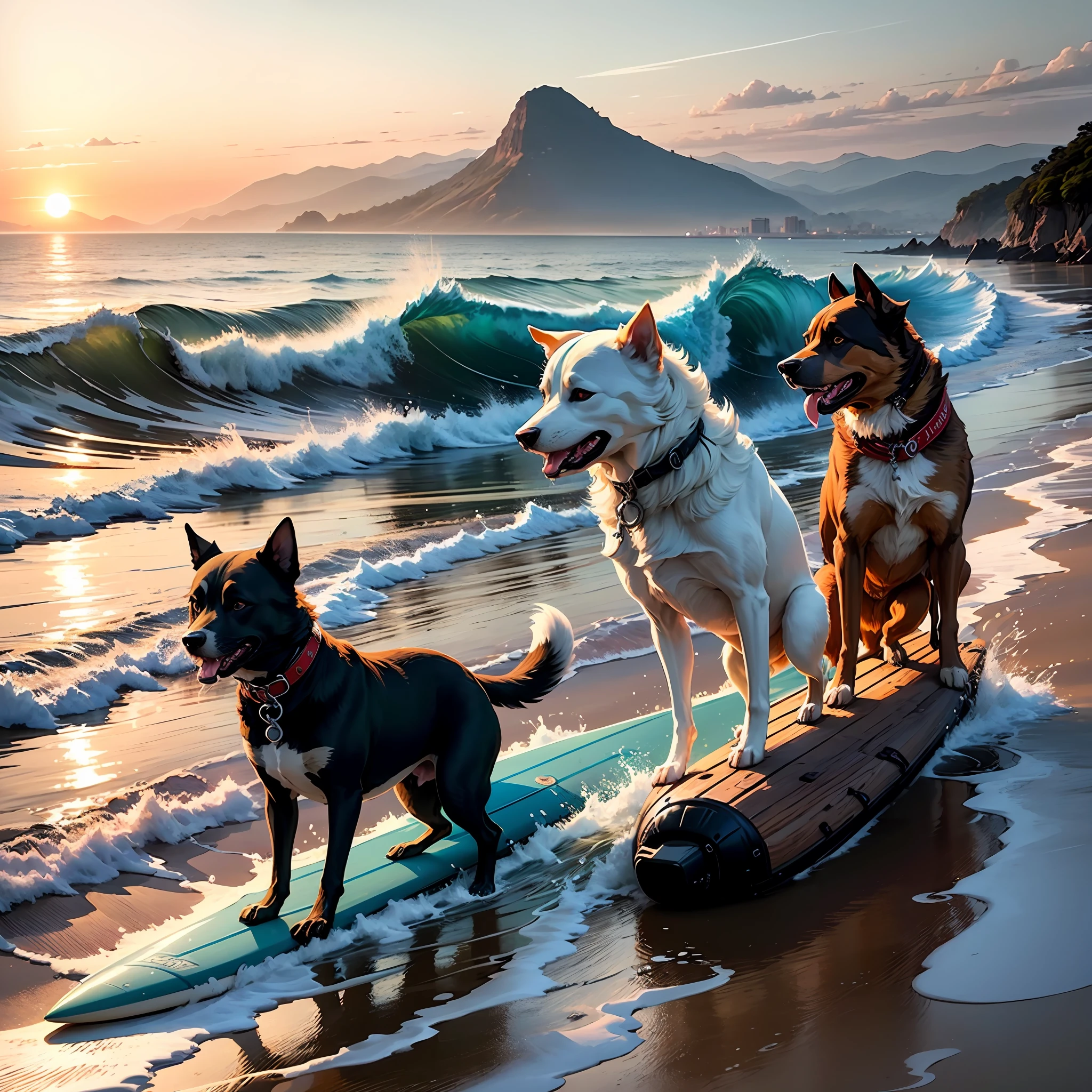 Dog surfing on the sea,Gentle waves,beautiful dusk,Sunset,Secluded coastline,Mountain lines in the distance。 --auto