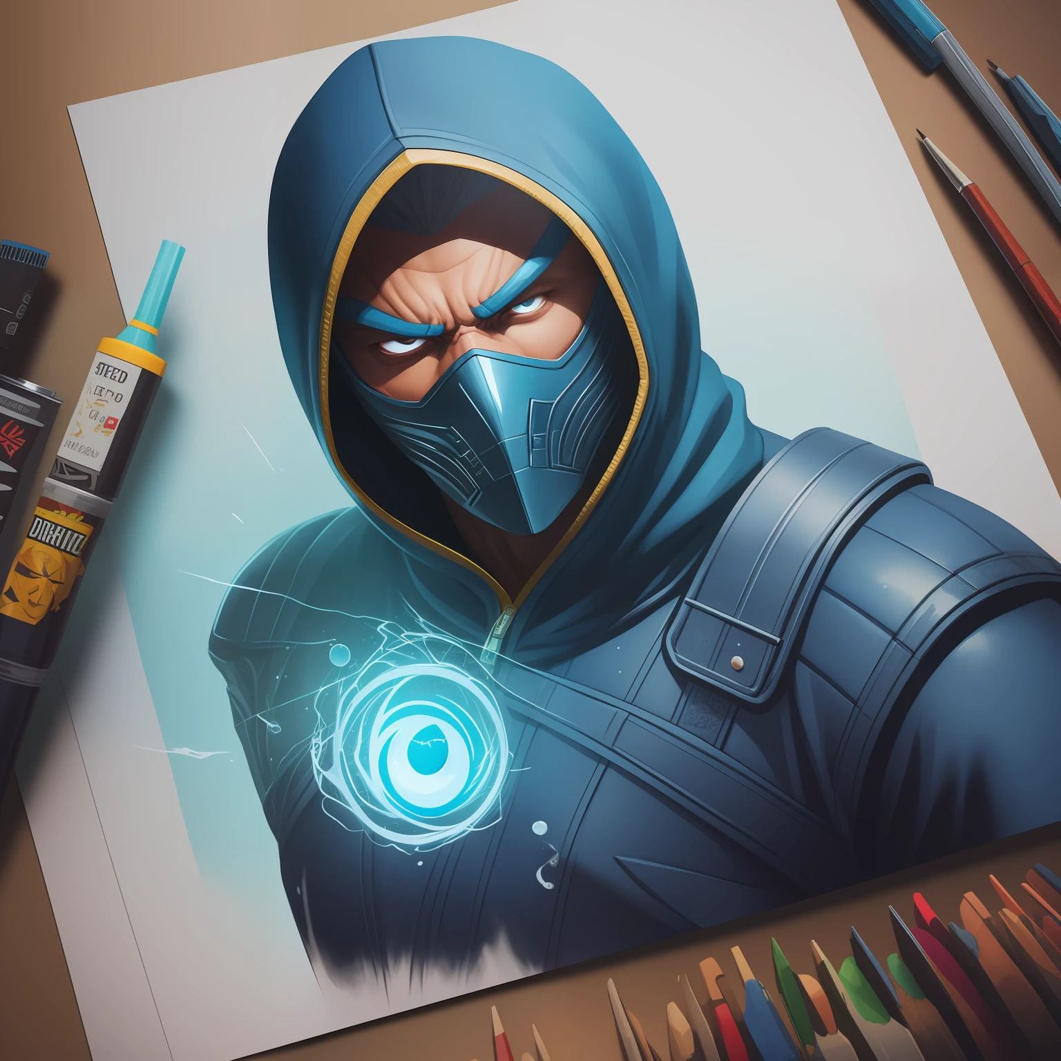 A detailed illustration faces an evil sub zero from mortal kombat game, magic, t-shirt design, blue color, dark magic splash, dark, gothic, t-shirt design, pastel tetradic colors, 3D vector art, cute and quirky, fantasy art, watercolor effect, hand drawn, digital painting, low-poly, low lighting, bird's eye view, isometric style, retro aesthetic, character focused, 4K resolution, photorealistic rendering