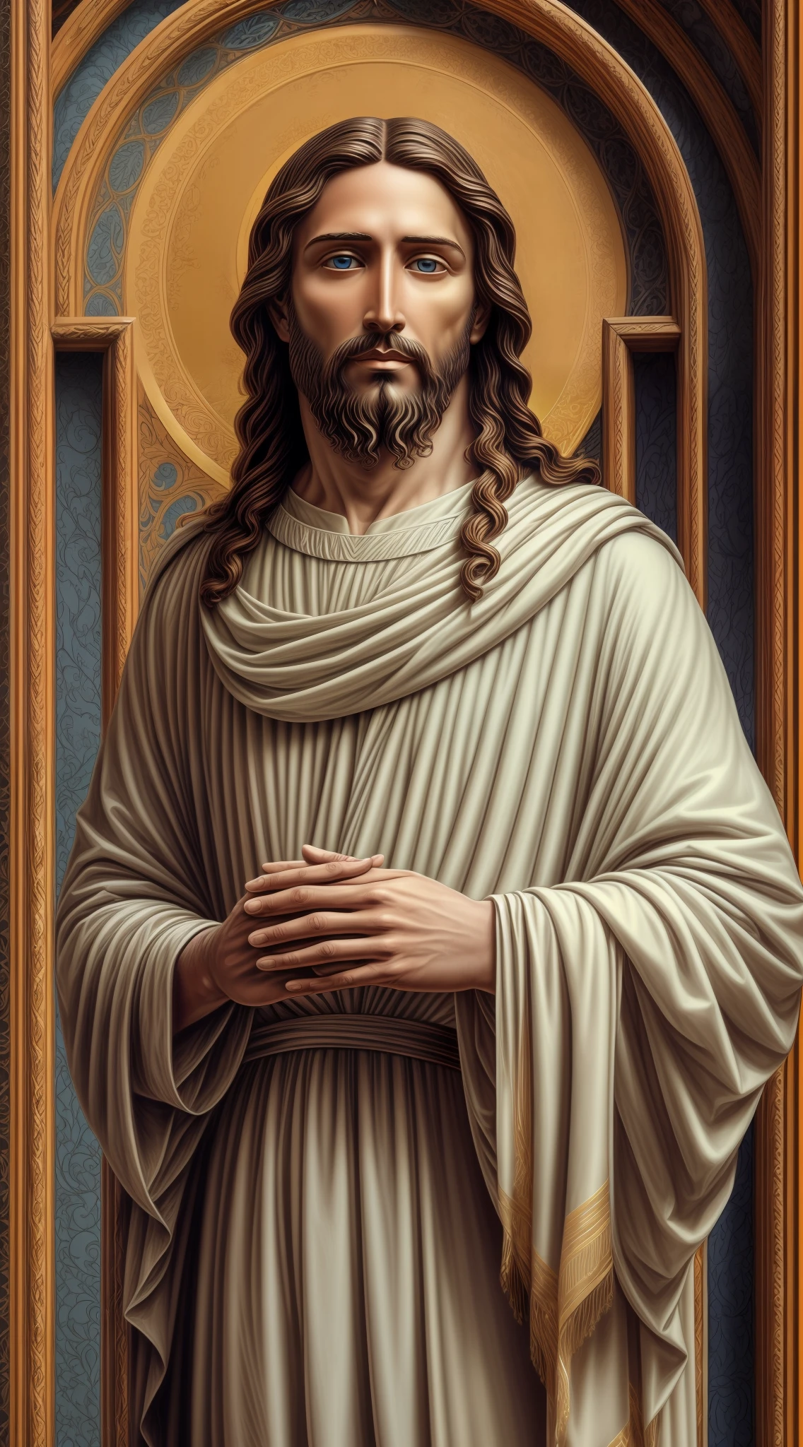 Portrait of a handsome Jesus , Jesus Christ, real blue eyes, sunny day, intricate details.real jesus lord, straight head face, Straight body.Prayer jesus, perfect full body