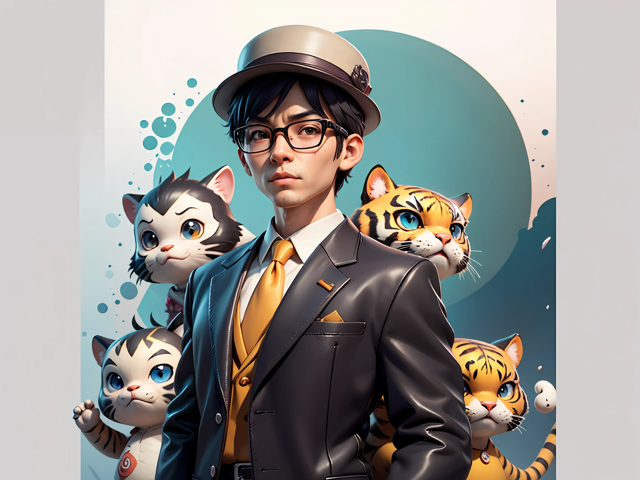 Young man with oriental face in leather hat, tiger, oriental face in formal suit, short black hair, silver glasses, digital painting, 3D character design by Mark Clairedon and Pixar and Hayao Miyazaki and Akira Toriyama, the illustration is a high-definition illustration in 4K resolution with very detailed facial features and cartoon-style visuals.