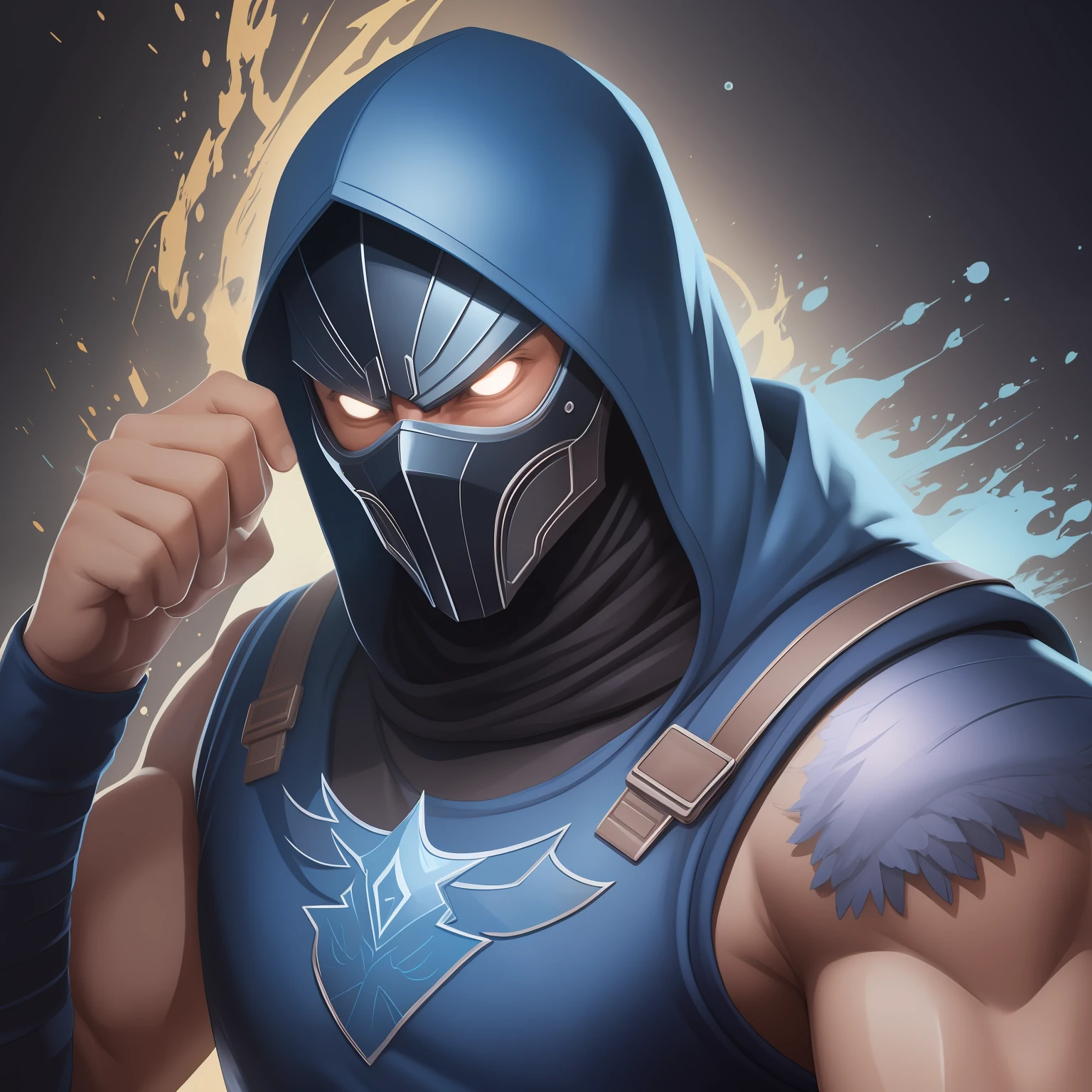 A detailed illustration faces an evil sub zero from mortal kombat game, magic, t-shirt design, blue color, dark magic splash, dark, gothic, t-shirt design, pastel tetradic colors, 3D vector art, cute and quirky, fantasy art, watercolor effect, hand drawn, digital painting, low-poly, low lighting, bird's eye view, isometric style, retro aesthetic, character focused, 4K resolution, photorealistic rendering