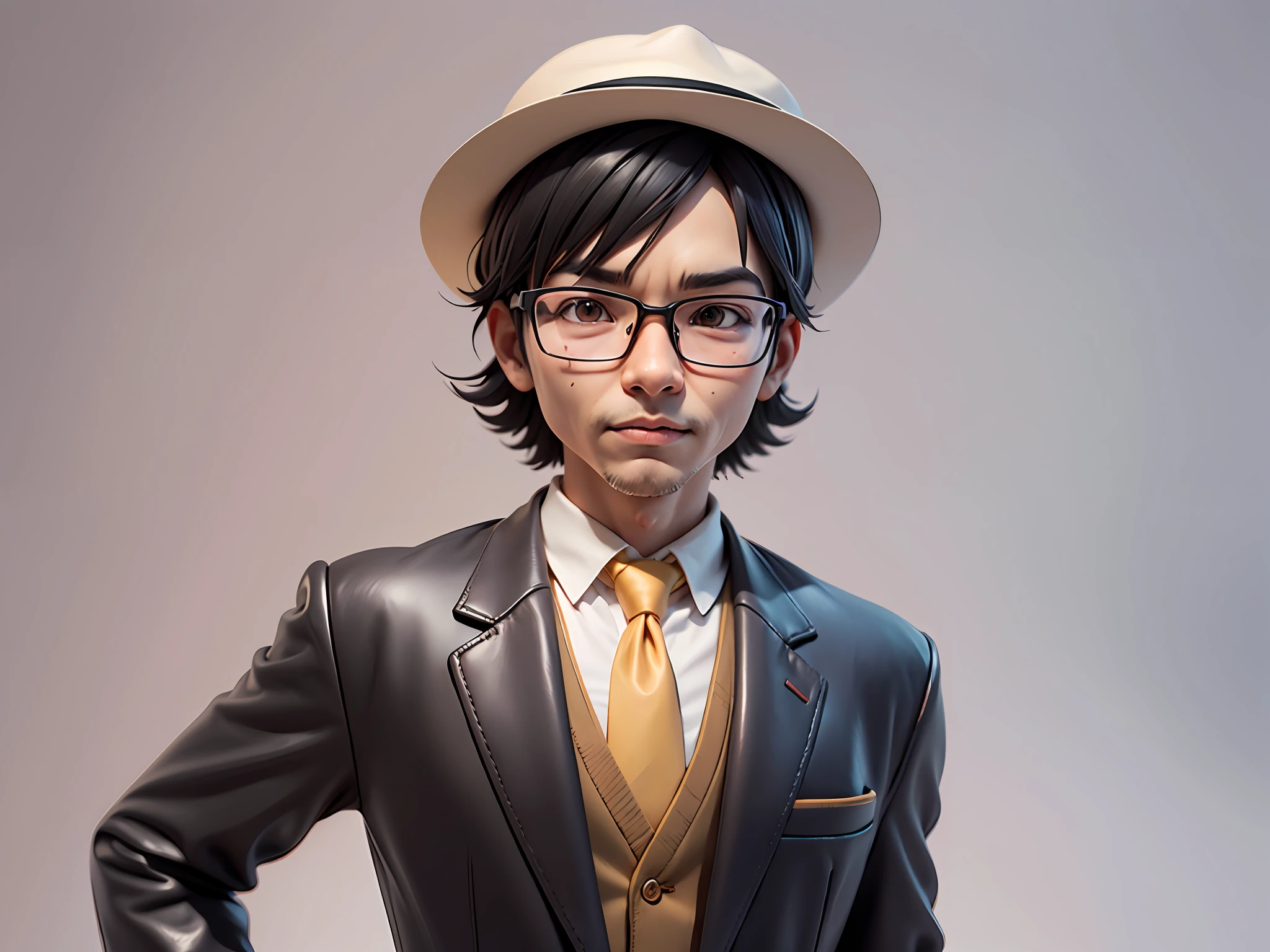 Young man with oriental face in leather hat, tiger, oriental face in formal suit, short black hair, silver glasses, digital painting, 3D character design by Mark Clairedon and Pixar and Hayao Miyazaki and Akira Toriyama, the illustration is a high-definition illustration in 4K resolution with very detailed facial features and cartoon-style visuals.