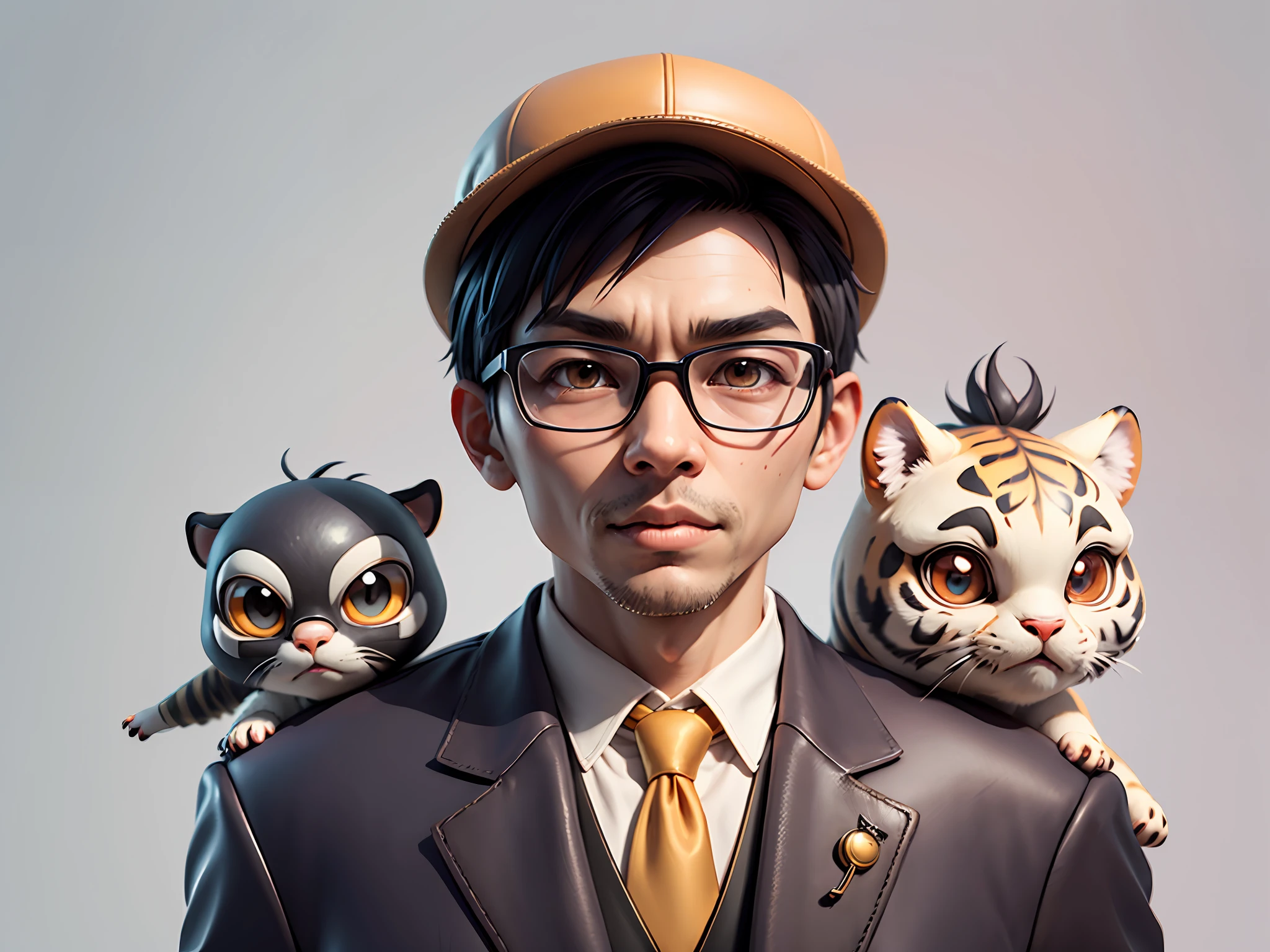 Young man with oriental face in leather hat, tiger, oriental face in formal suit, short black hair, silver glasses, digital painting, 3D character design by Mark Clairedon and Pixar and Hayao Miyazaki and Akira Toriyama, the illustration is a high-definition illustration in 4K resolution with very detailed facial features and cartoon-style visuals.
