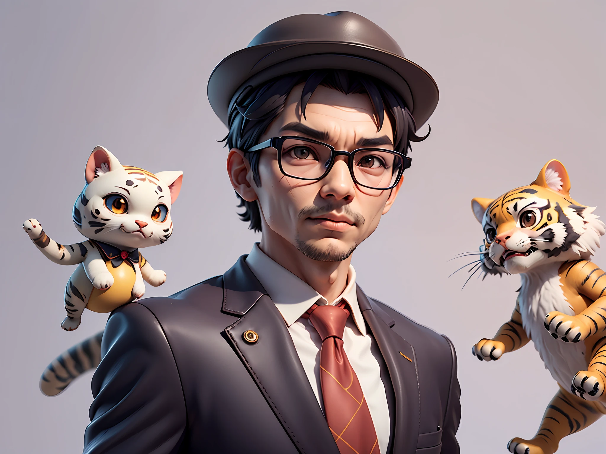 Young man with oriental face in leather hat, tiger, oriental face in formal suit, short black hair, silver glasses, digital painting, 3D character design by Mark Clairedon and Pixar and Hayao Miyazaki and Akira Toriyama, the illustration is a high-definition illustration in 4K resolution with very detailed facial features and cartoon-style visuals.