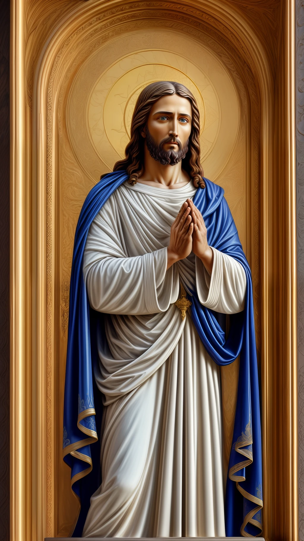 Portrait of a handsome Jesus , Jesus Christ, real blue eyes, sunny day, intricate details.real jesus lord, straight head face, Straight body.Prayer jesus, perfect full body