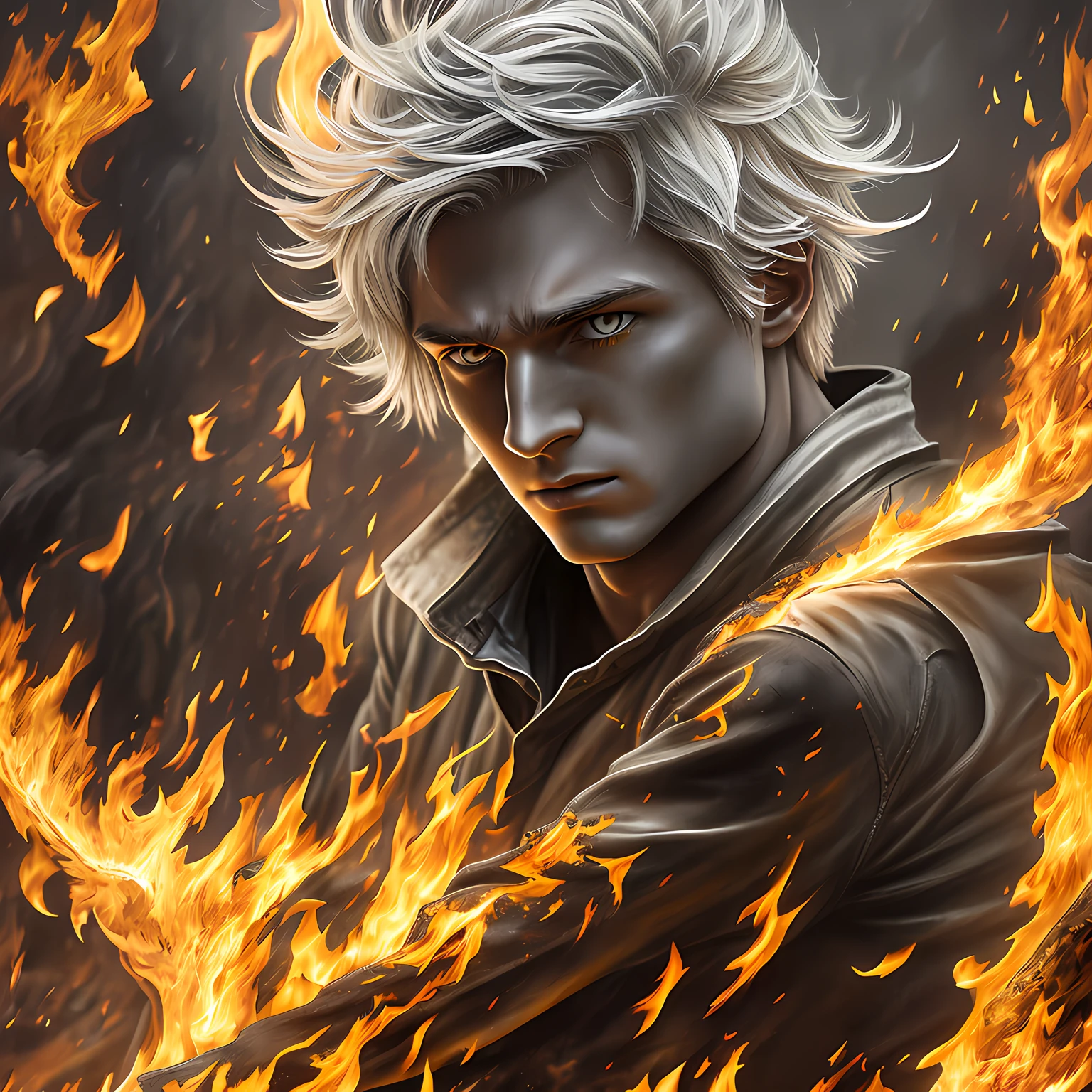 (melhor qualidade, obra-prima, papel de parede CG ultra-detalhado em 8K Unity), um jovem garoto espadachim com longos cabelos vermelhos, um olho normal e outro amarelo, a wizard with magical abilities to summon golden fiery flames --auto