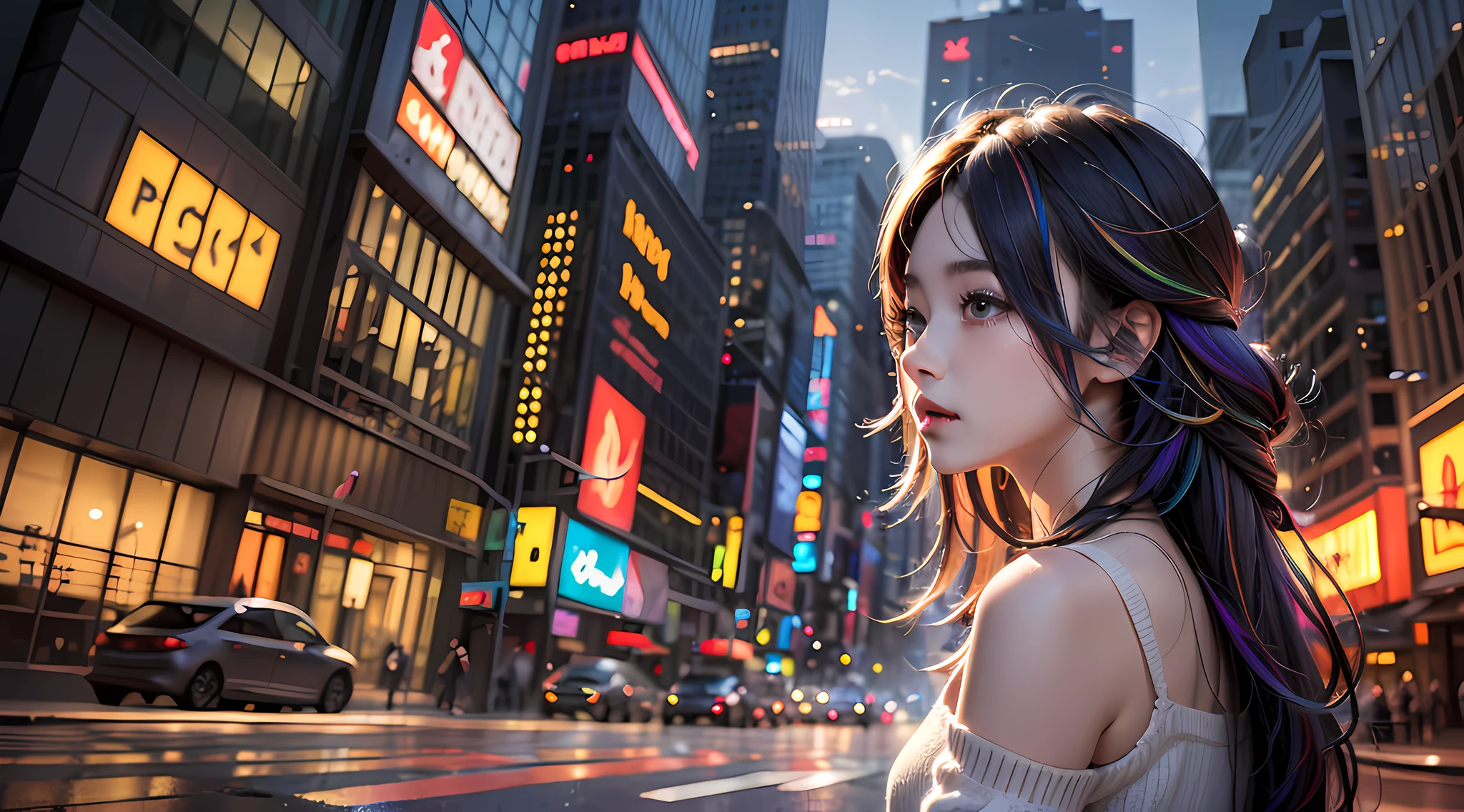 (Masterpiece, High quality, A high resolution,illustration), 1girll, Galaxy multicolored hair in New York City evening with orange fog, Digital City,
