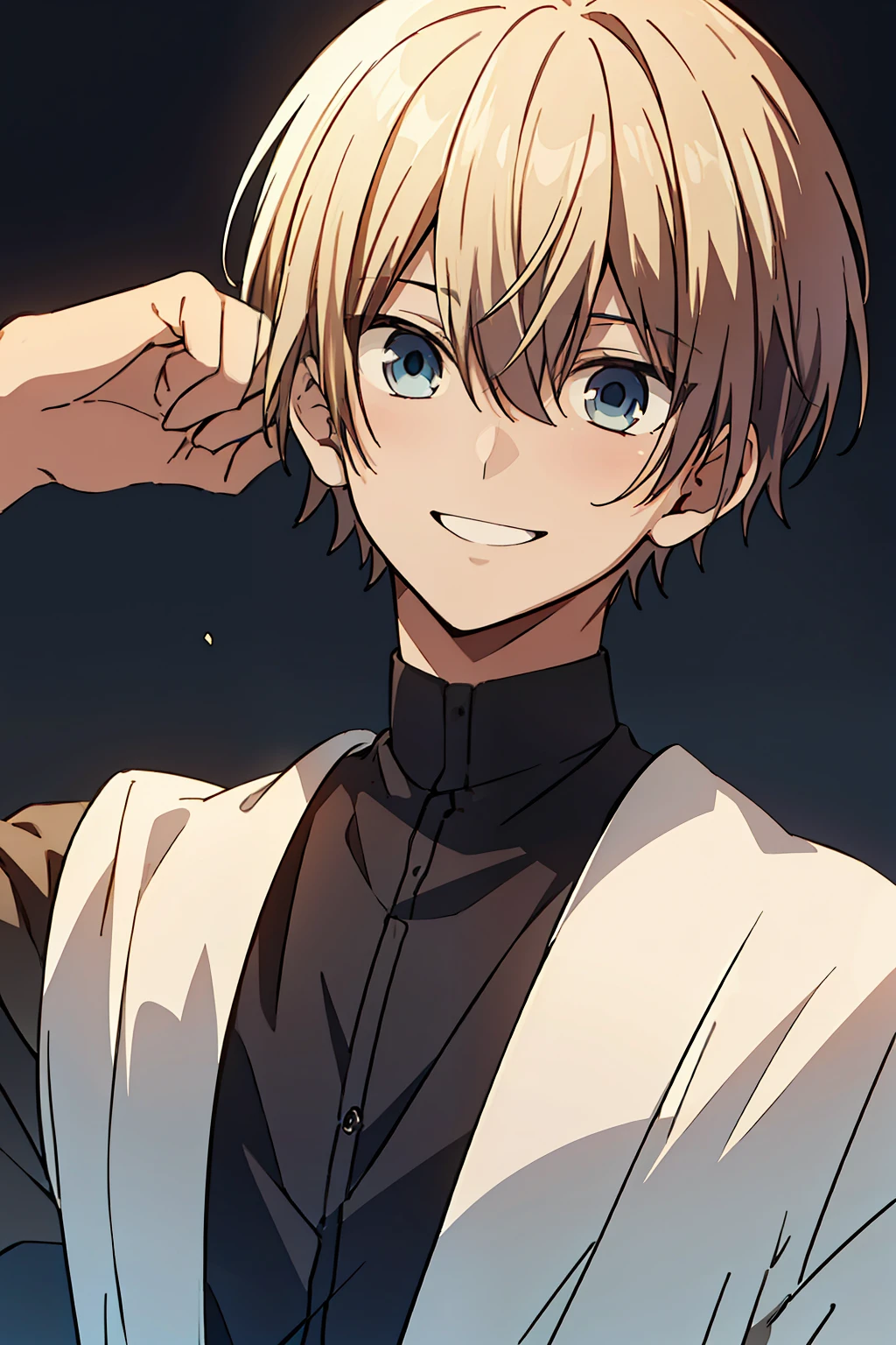 (high-quality, breathtaking),(expressive eyes, perfect face), 1boy, male, solo, short, young boy, blonde hair, black eyes, smile, prince outfit, bright background, soft