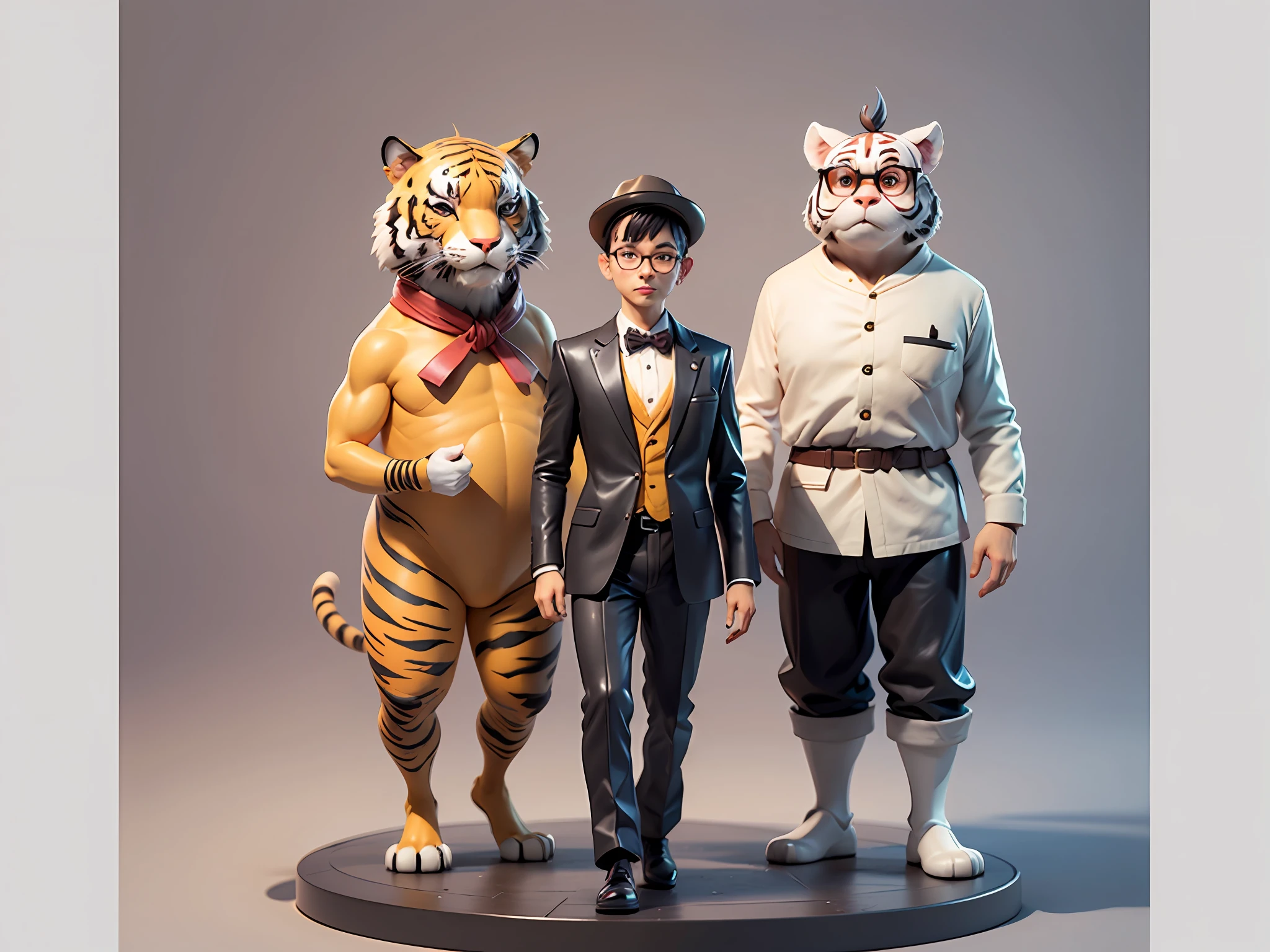 Young man with oriental face in leather hat, tiger, oriental face in formal suit, short black hair, silver glasses, digital painting, 3D character design by Mark Clairedon and Pixar and Hayao Miyazaki and Akira Toriyama, the illustration is a high-definition illustration in 4K resolution with very detailed facial features and cartoon-style visuals.
