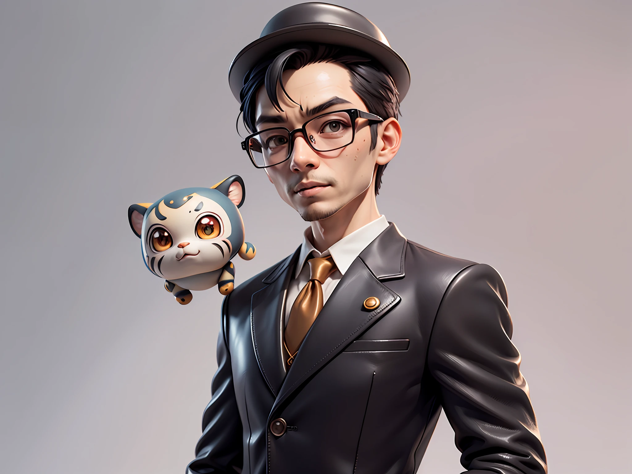 Young man with oriental face in leather hat, tiger, oriental face in formal suit, short black hair, silver glasses, digital painting, 3D character design by Mark Clairedon and Pixar and Hayao Miyazaki and Akira Toriyama, the illustration is a high-definition illustration in 4K resolution with very detailed facial features and cartoon-style visuals.